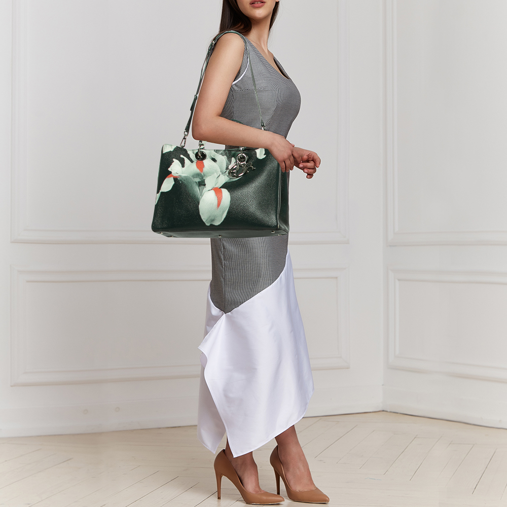 

Dior Teal Green Floral Printed Leather Large Diorissimo Shopper Tote