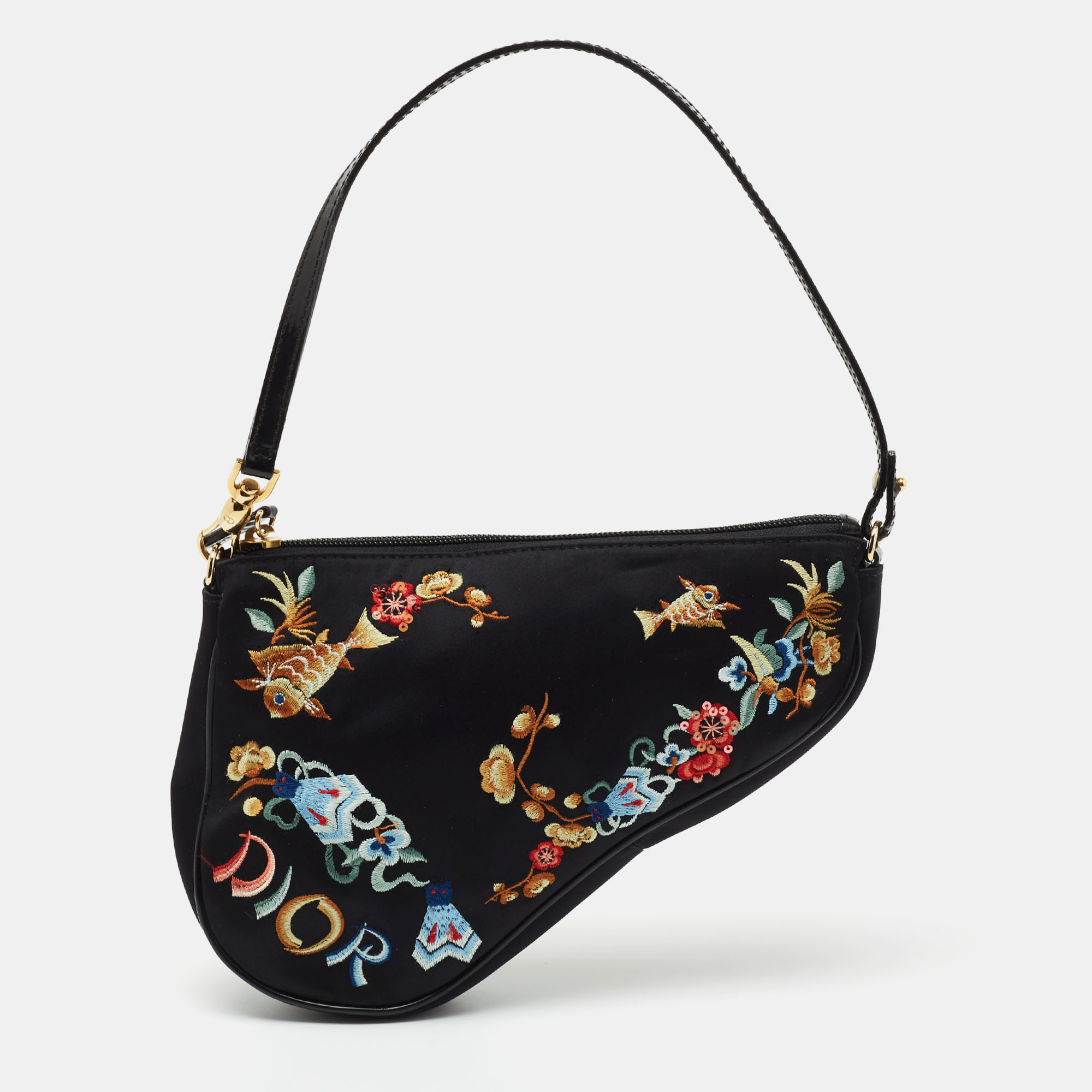 Pre Owned Dior Black Satin Embroidered Saddle Shoulder Bag