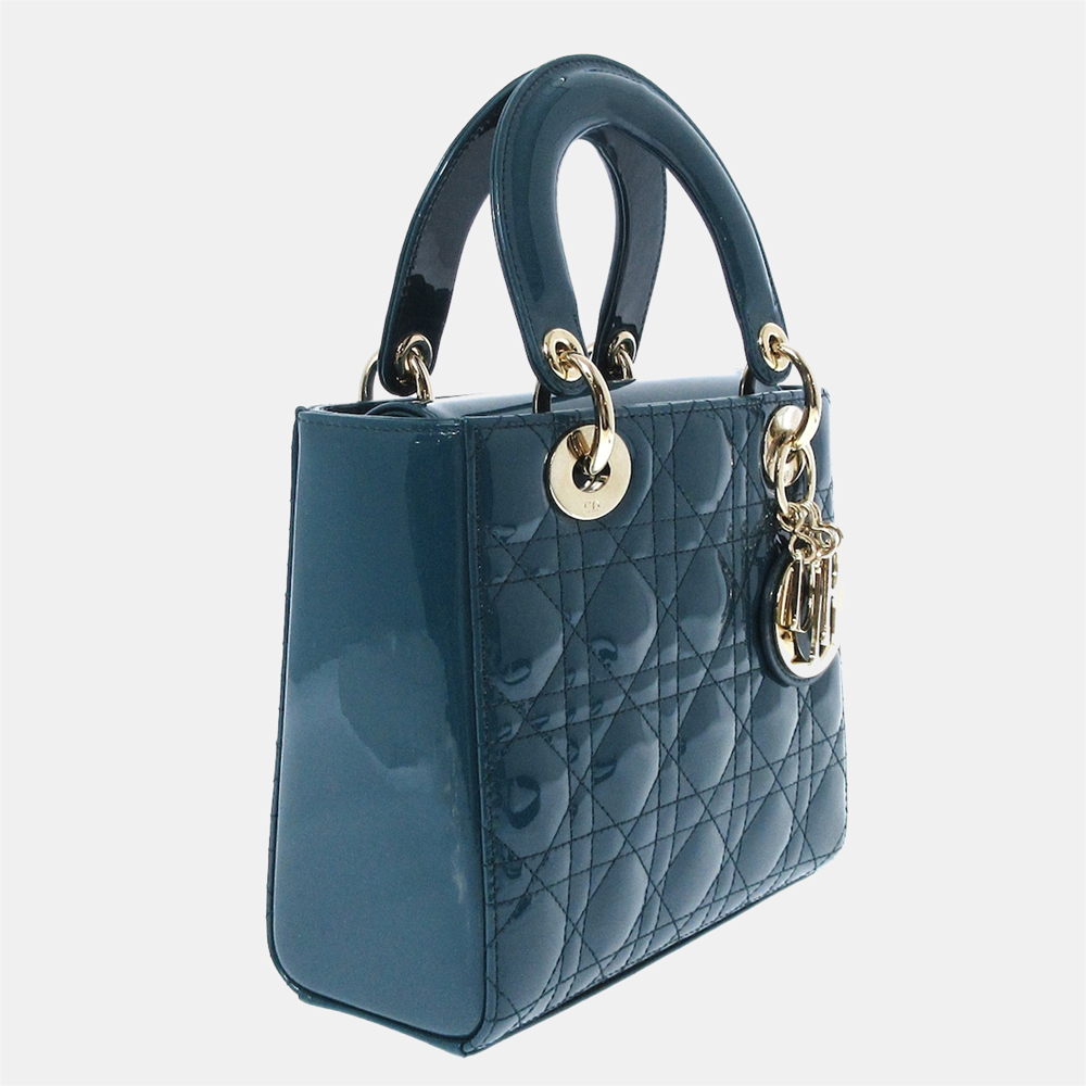 

Dior Blue Cannage Lady Dior Small Patent Leather Satchel