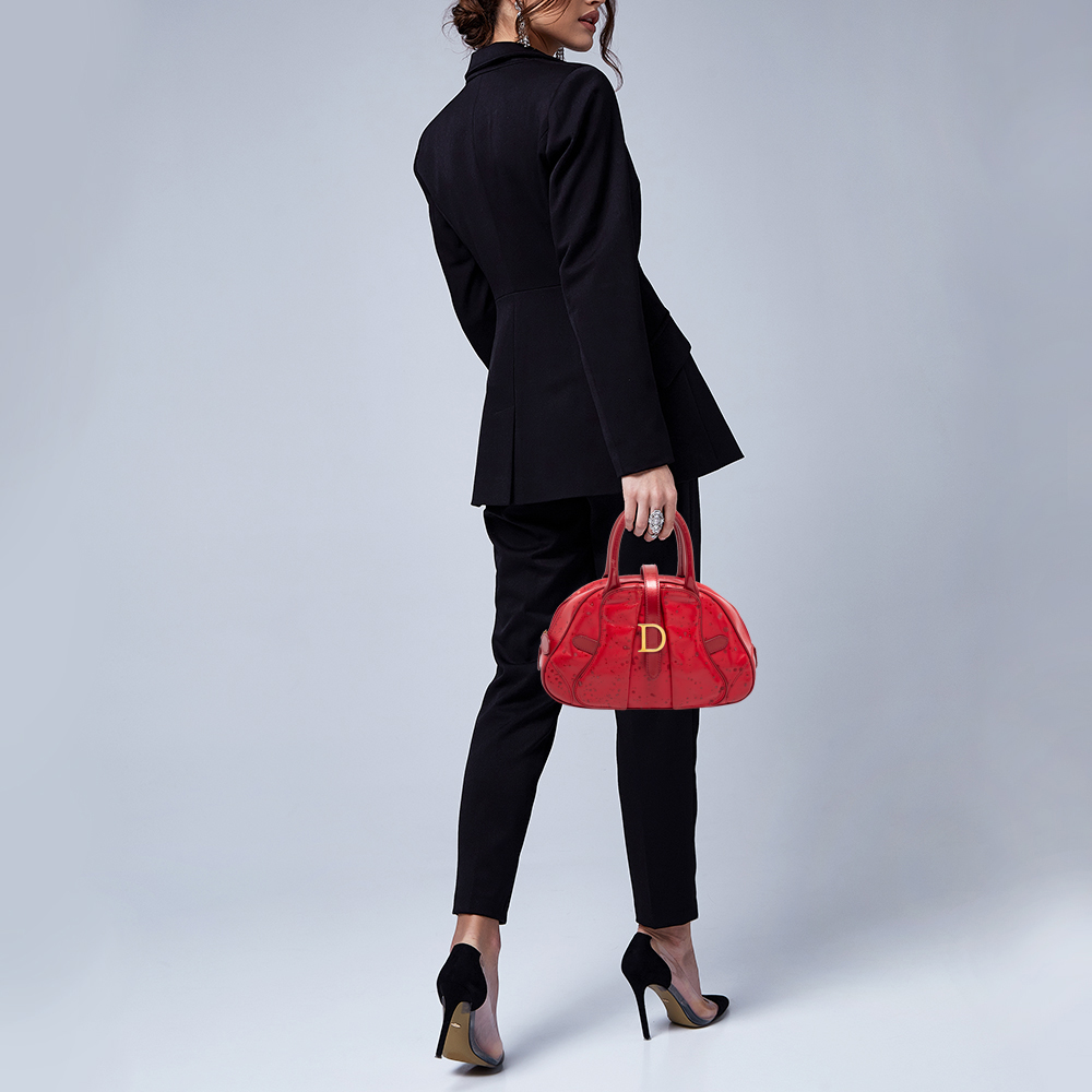 

Dior Red Textured Leather Double Saddle Bowler Bag