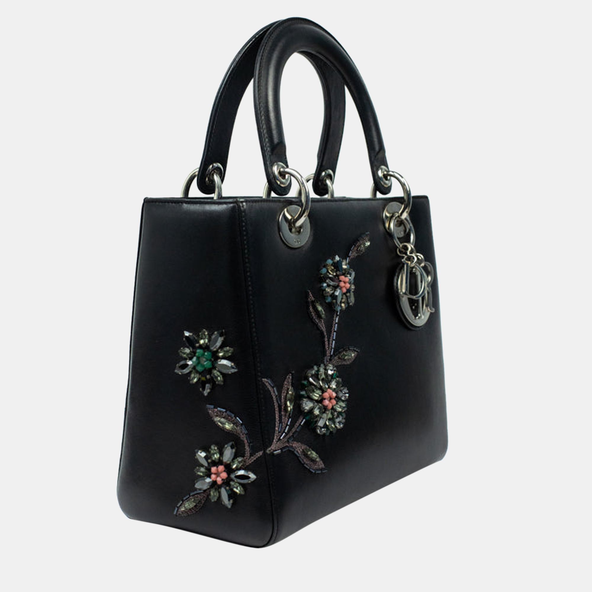 

Dior Black Leather Medium Flower Patch Embellished Lady Dior Tote Bag