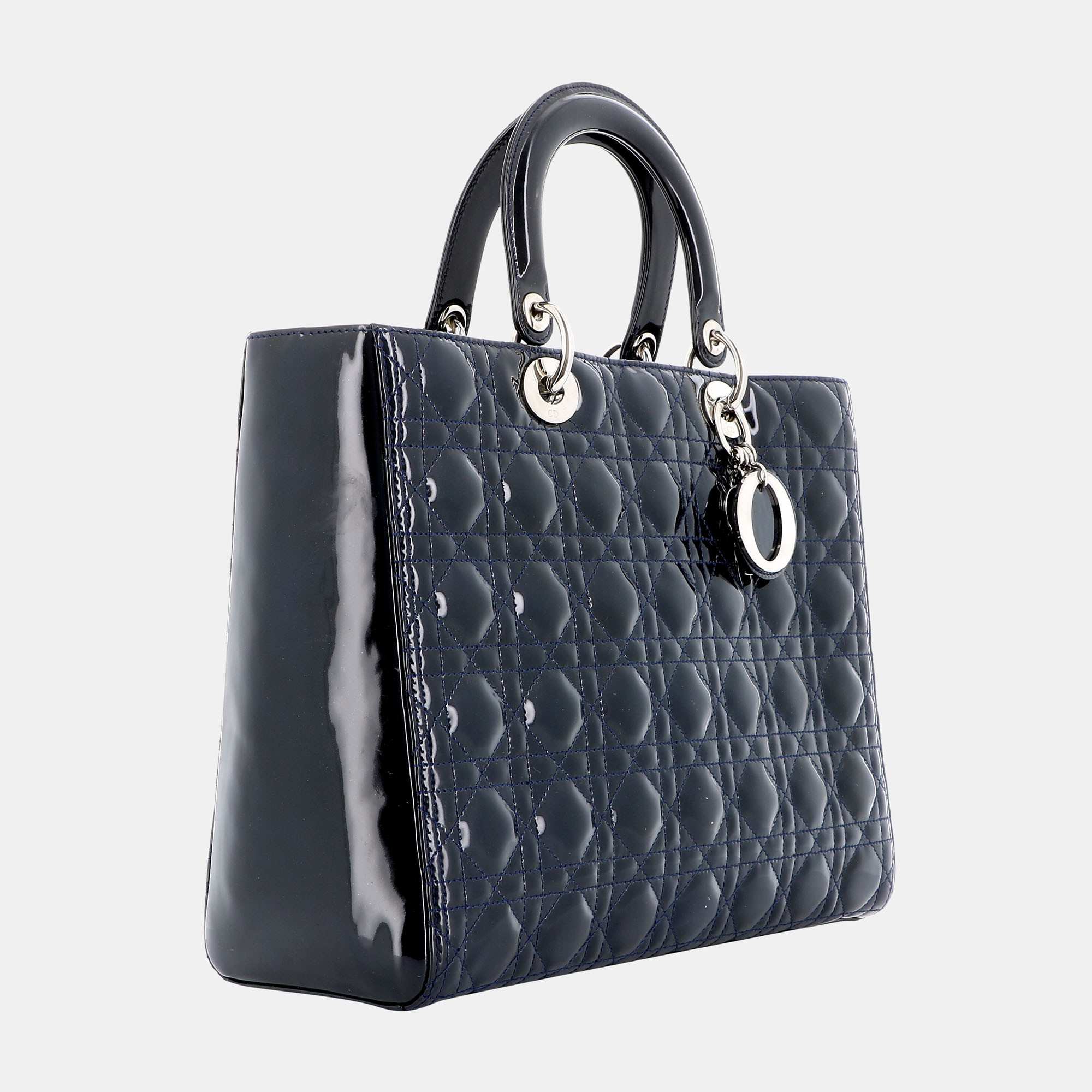 

Dior Navy Blue Cannage Patent Leather  Lady Dior Tote Bag