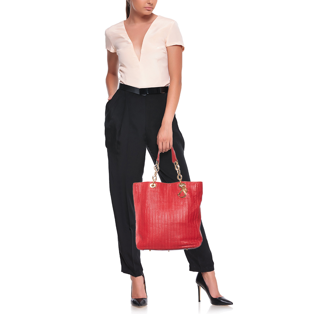 

Dior Red Woven Leather Soft Large Shopping Tote