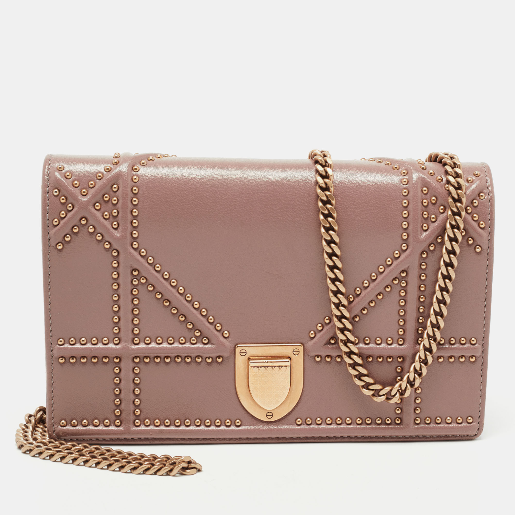 Dior Pink Leather Studded Diorama Wallet on Chain