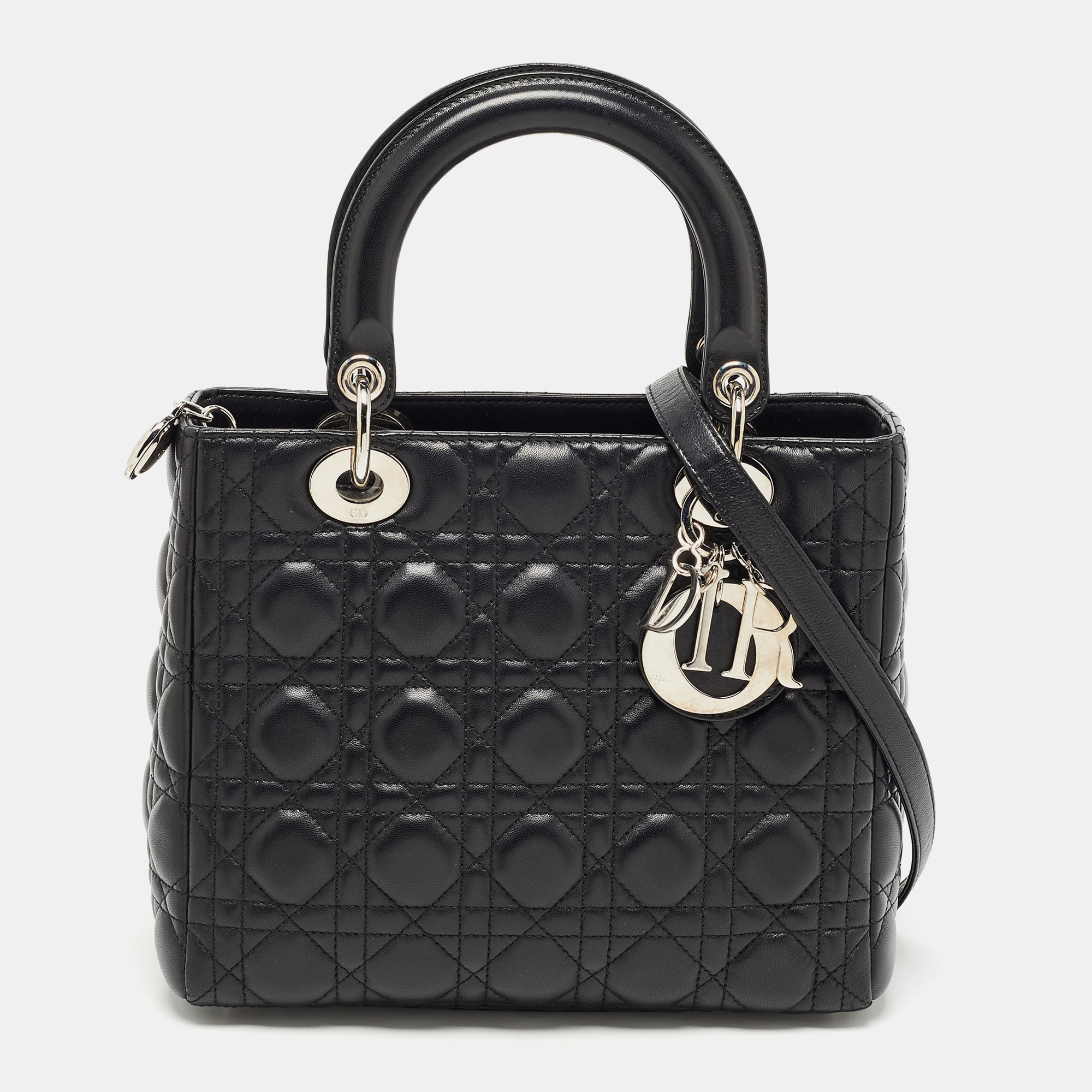 Pre Owned Dior Black Cannage Leather Medium Lady Dior Tote