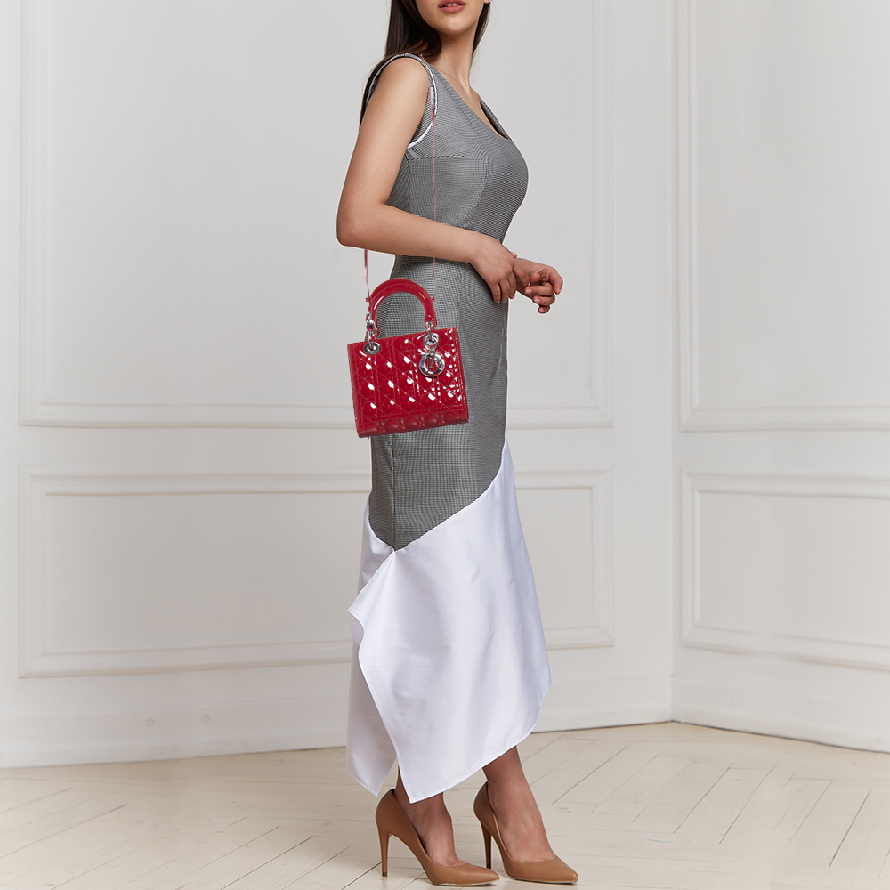 

Dior Red Cannage Patent Leather Medium Lady Dior Tote
