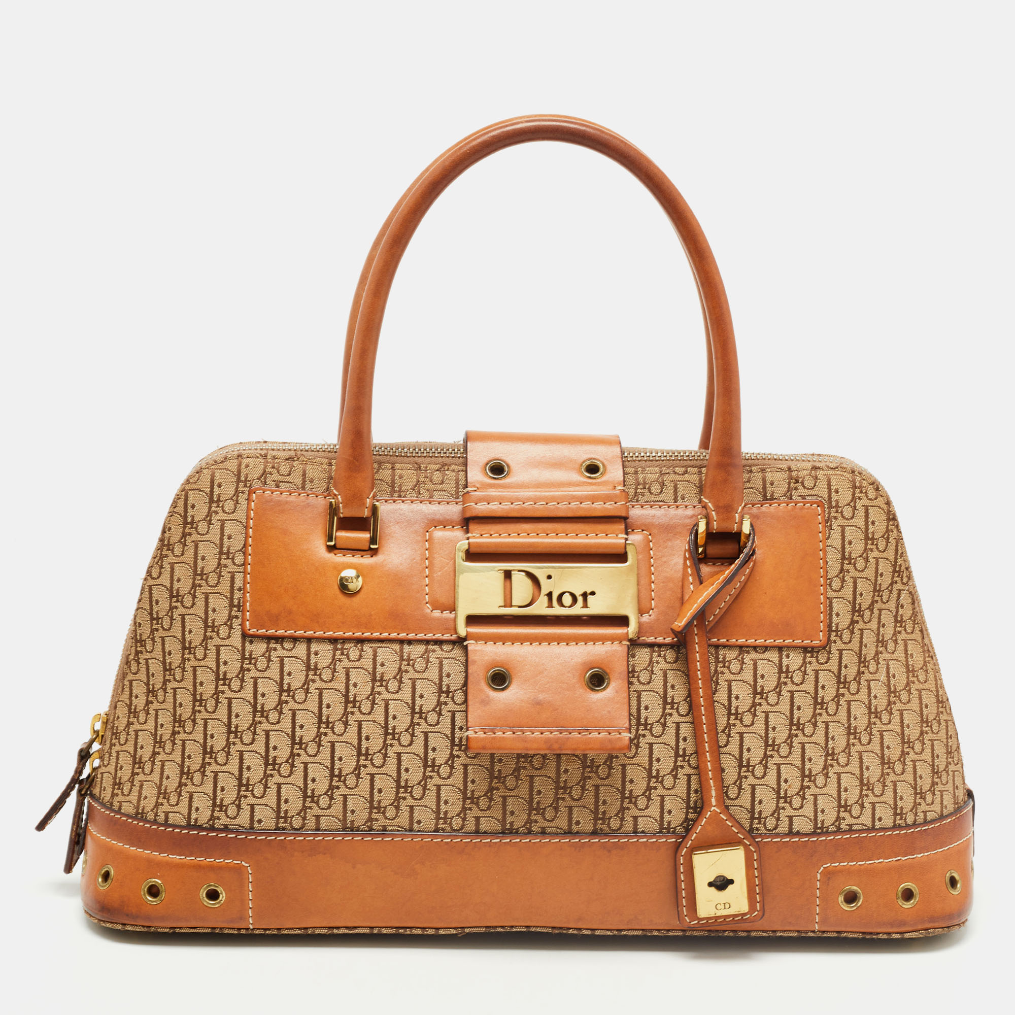 Pre Owned Dior Tan/Beige Oblique Canvas and Leather Street Chic Trotter Satchel