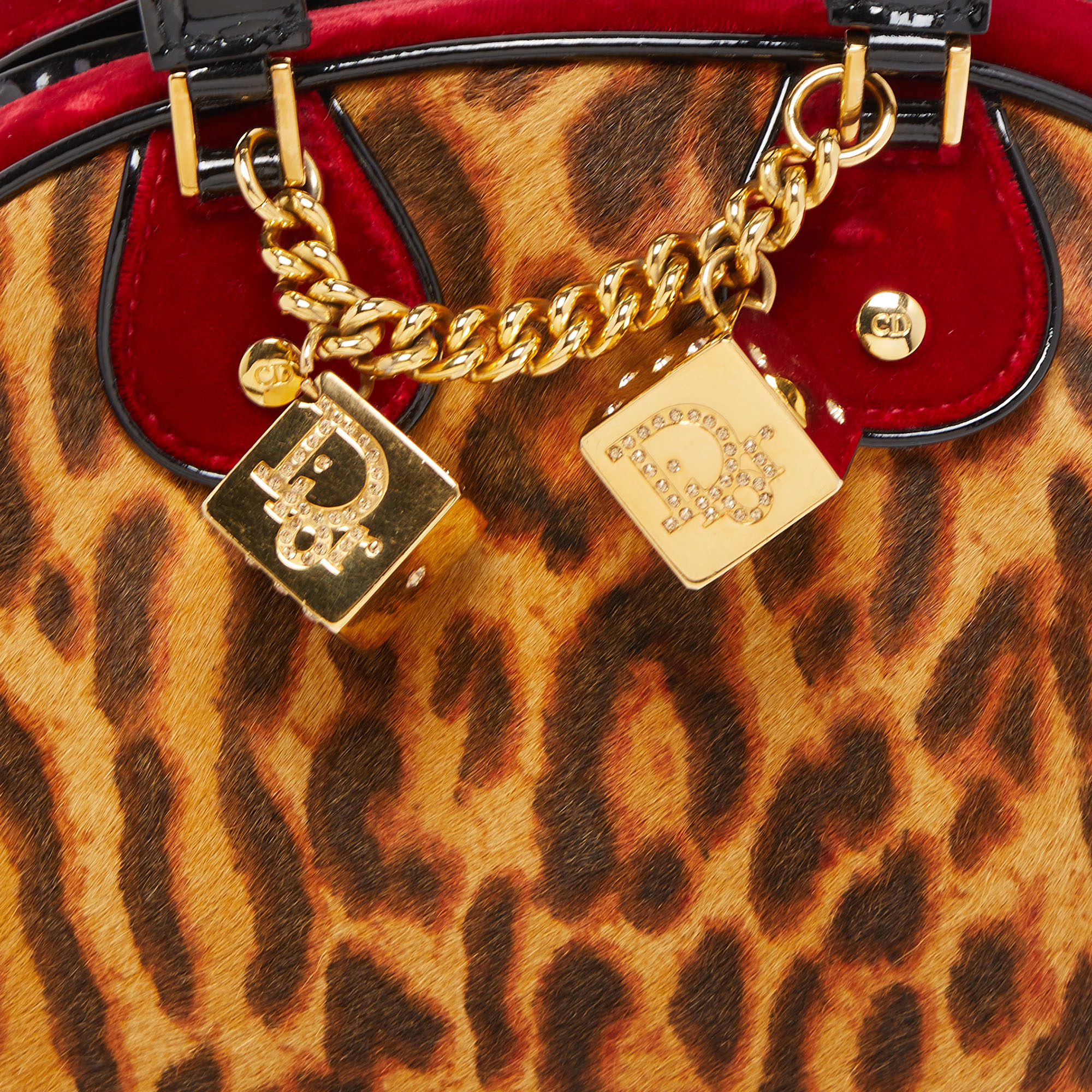 Authentic Dior Leopard Fur Gambler GP Dice Charm Bag Leather Flat Handles  Purse