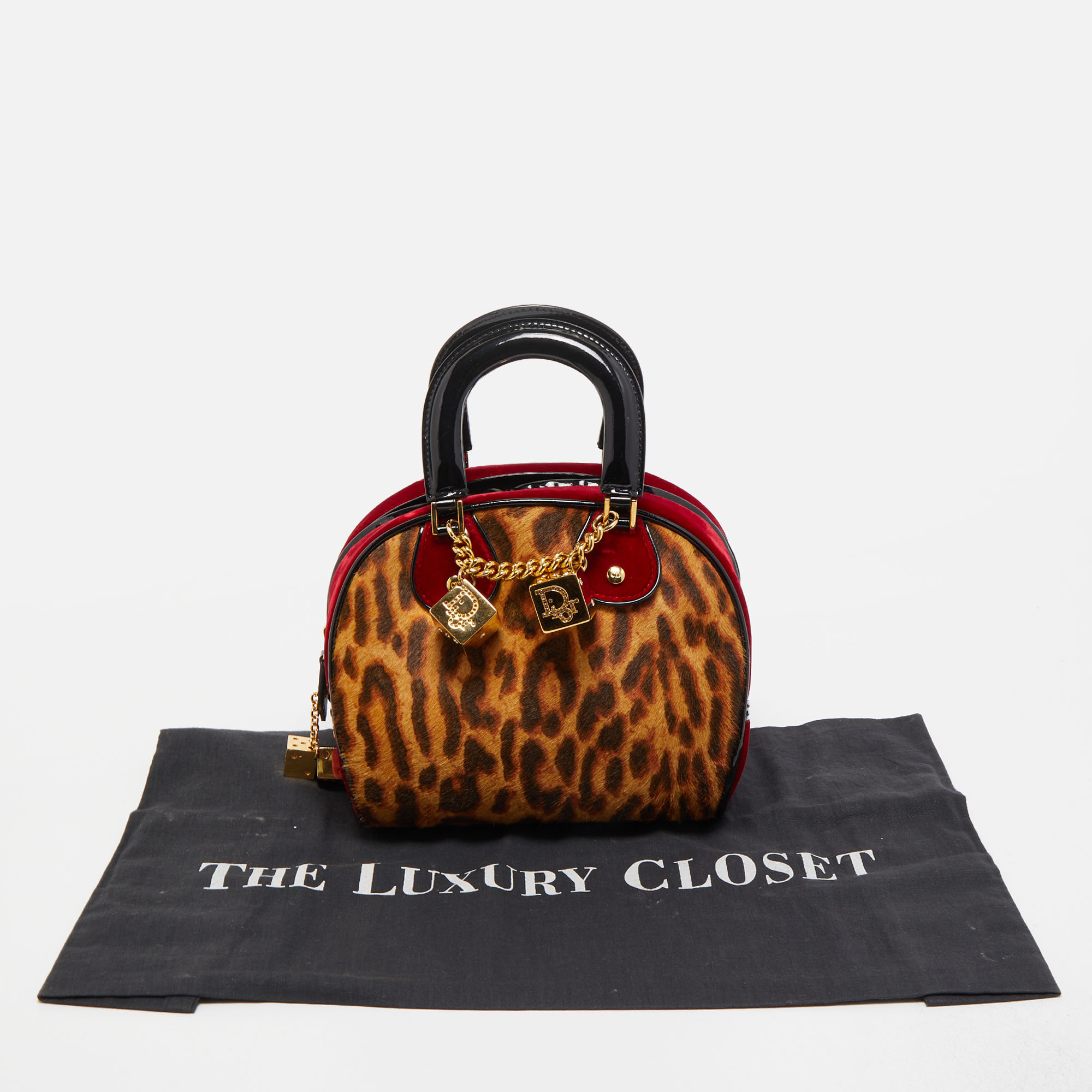 Authentic Dior Leopard Fur Gambler GP Dice Charm Bag Leather Flat Handles  Purse