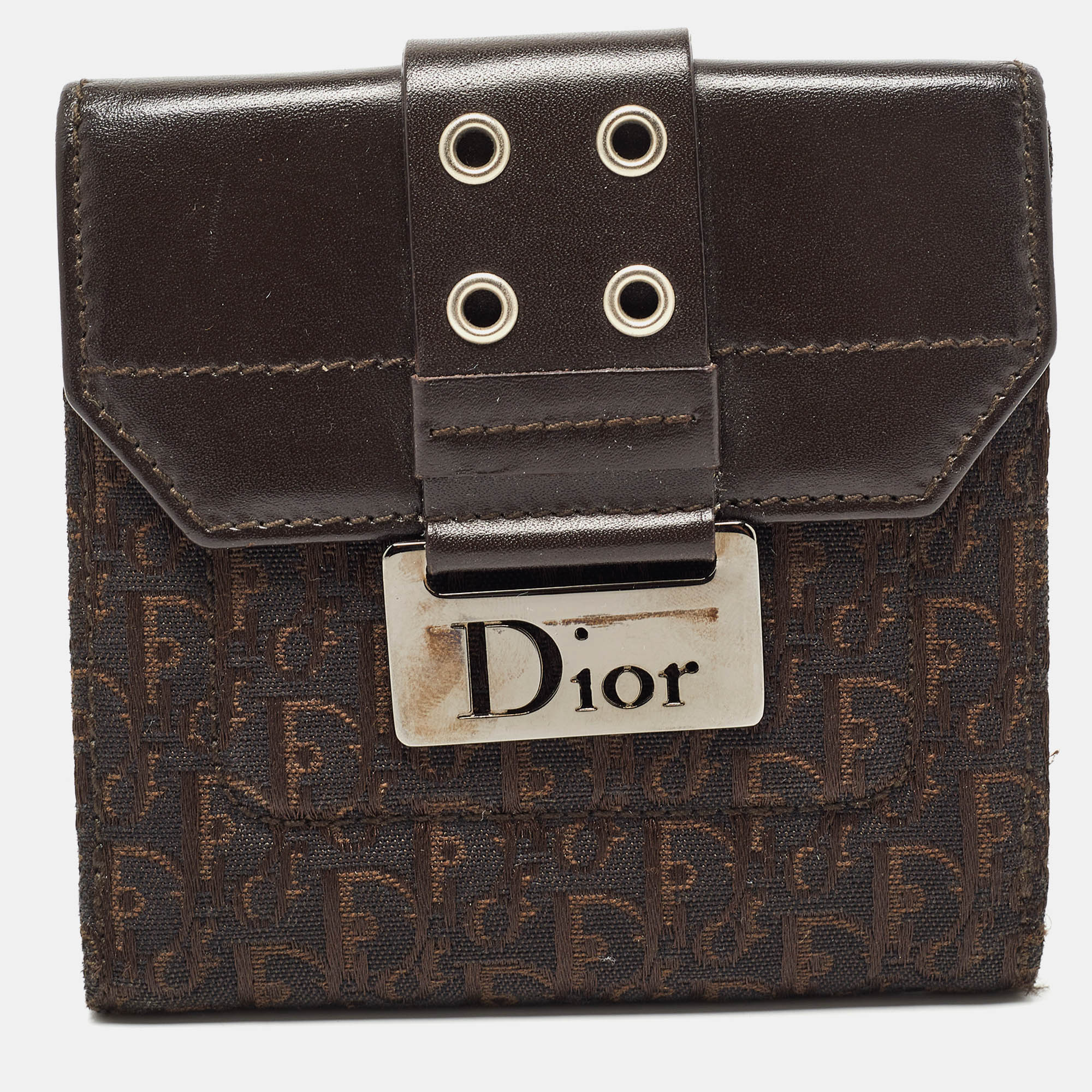 Pre-owned Dior Dark Brown Oblique Canvas And Leather Street Chic Compact Wallet