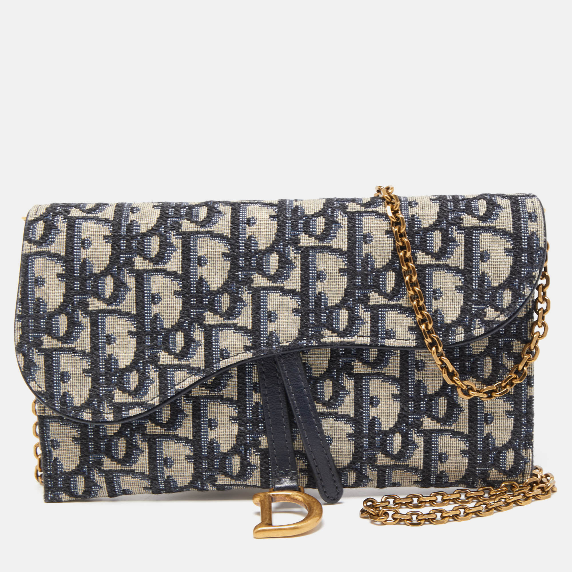 Pre Owned Dior Navy Blue Oblique Canvas and Leather Saddle Wallet On Chain