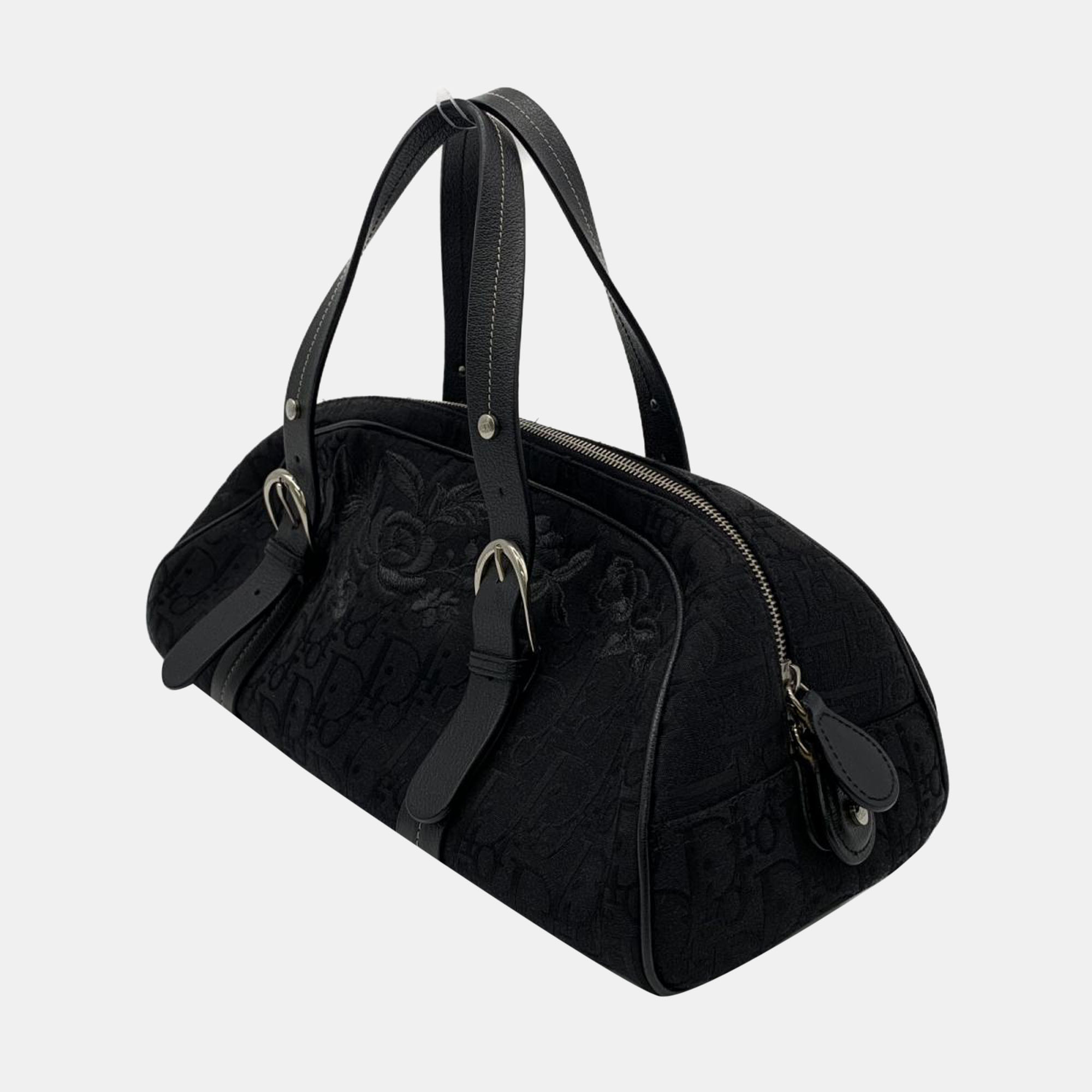 

Dior Black Oblique Canvas Embroidered Flower Boston Bag