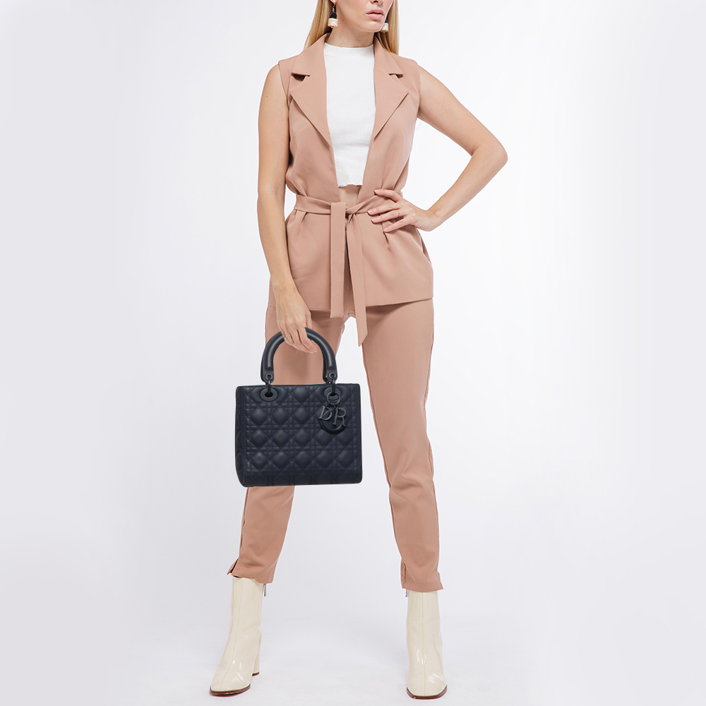 

Dior Navy Blue Ultramatte Cannage Leather  Lady Dior Tote