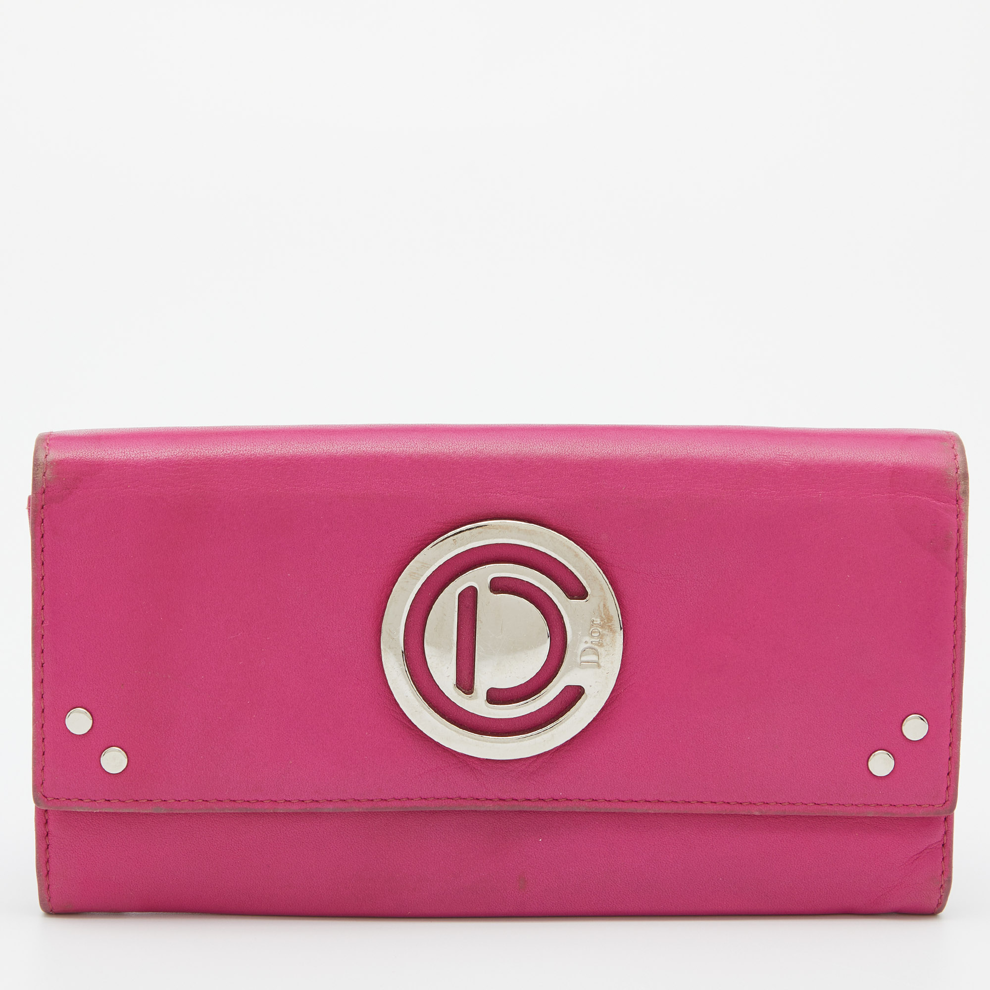 Pre-owned Dior Pink Leather Round Logo Flap Continental Wallet