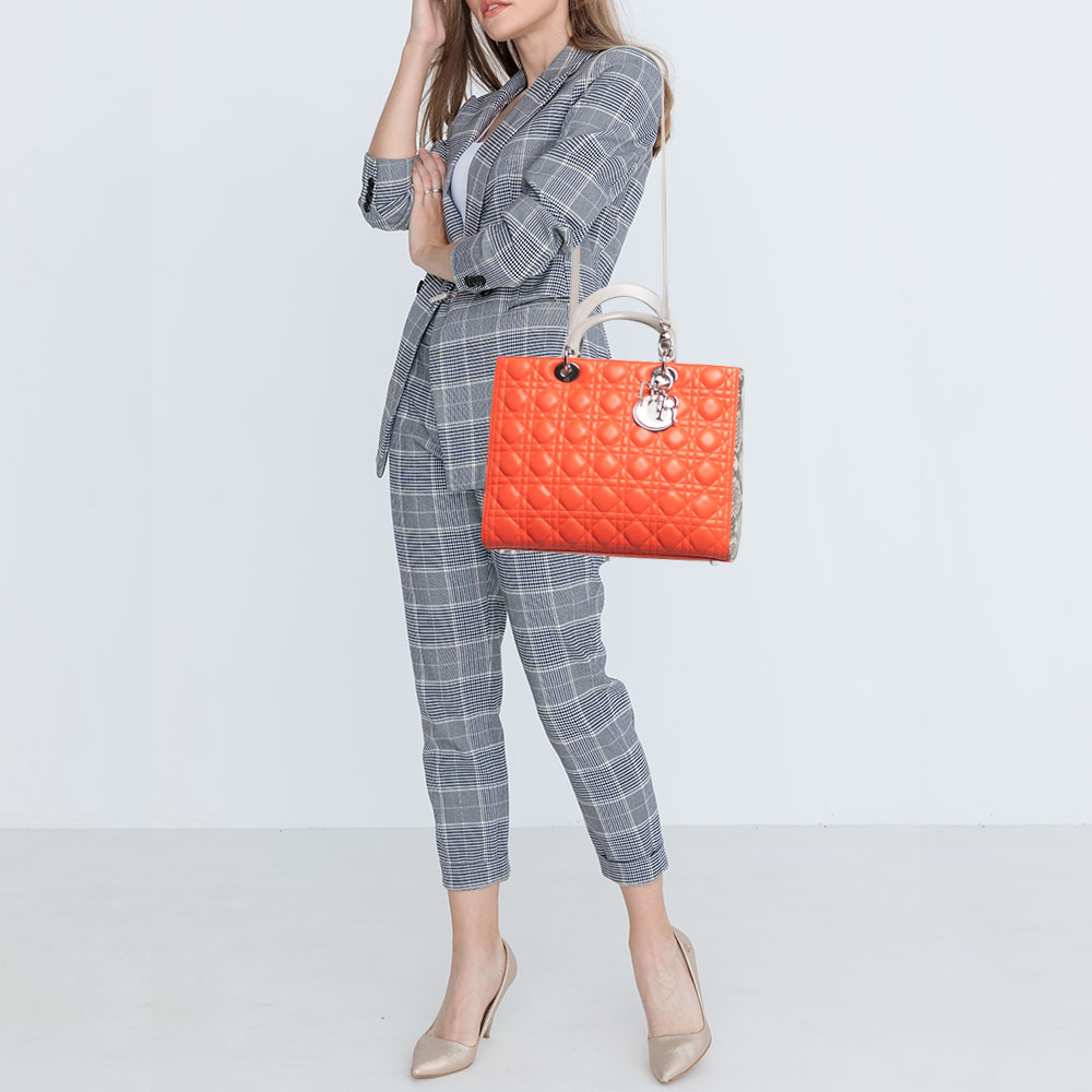 

Dior Orange/Grey Cannage Leather and Python Large Lady Dior Tote