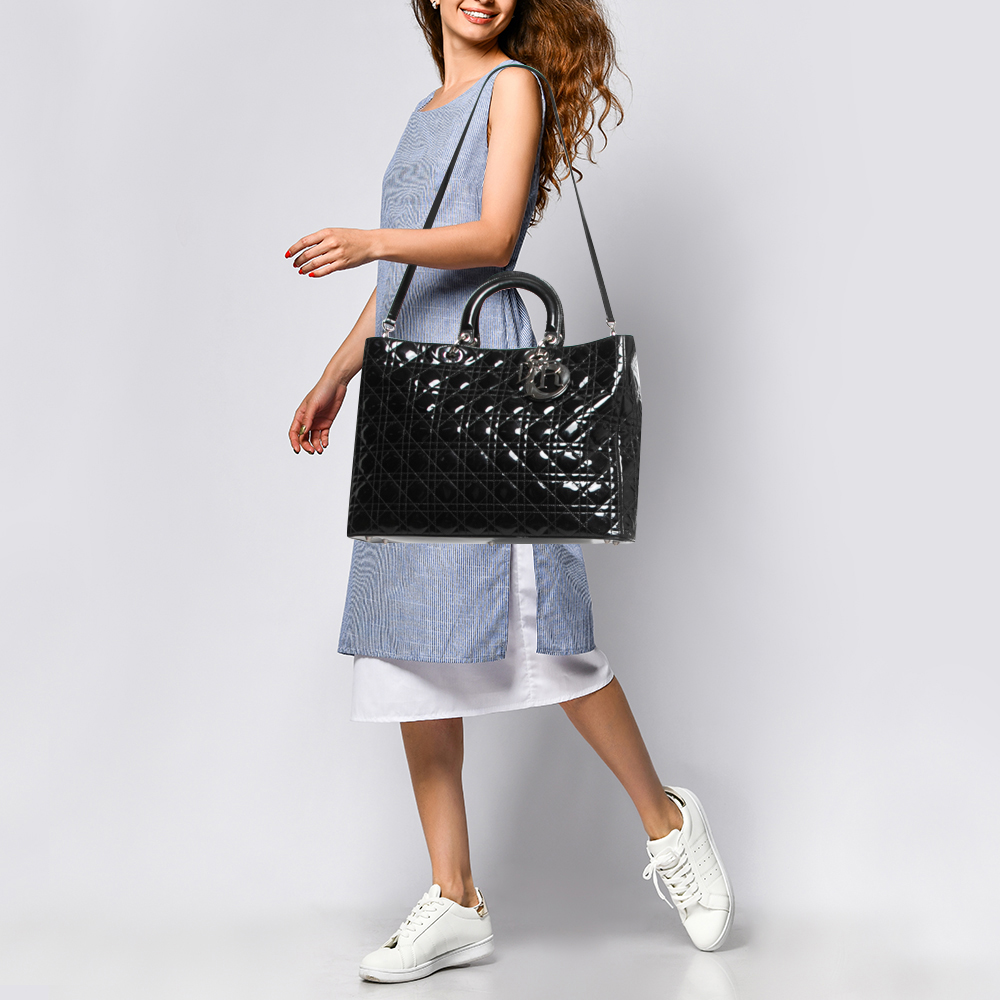 

Dior Black Cannage Patent Leather Extra Large Lady Dior Tote