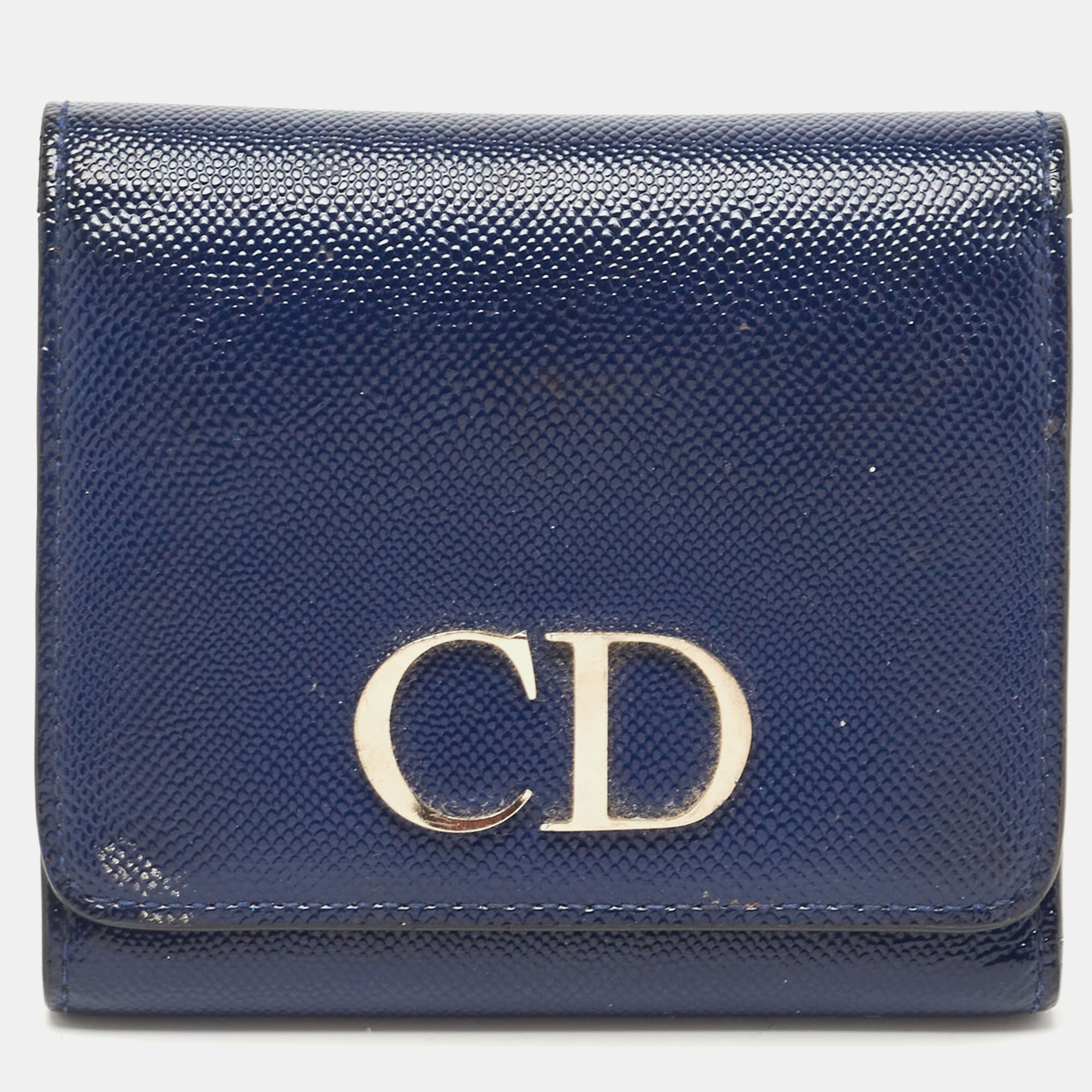 Pre-owned Dior Blue Patent Leather Mania Trifold Wallet
