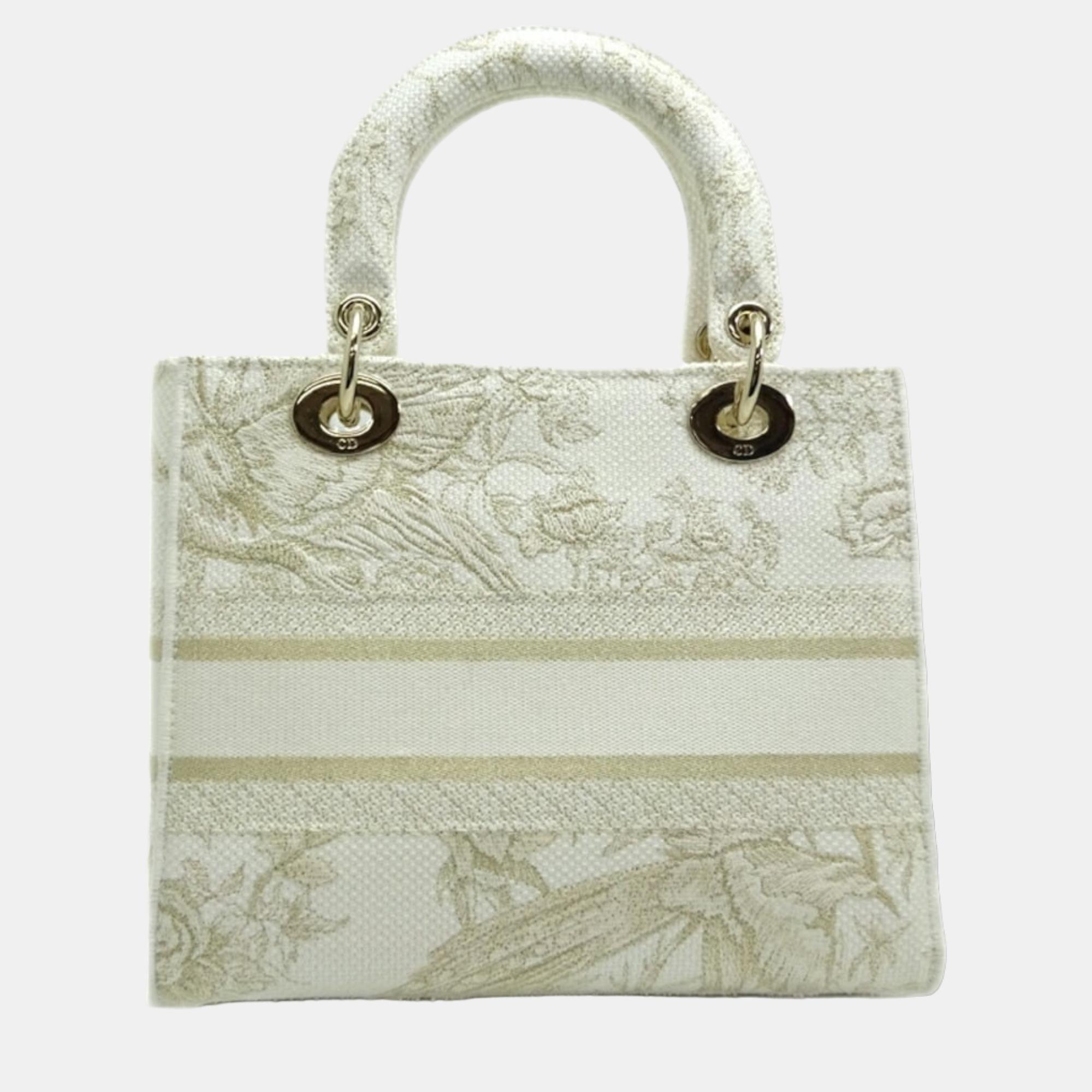 

Dior White Canvas Around The World Stella Embroidered Lady D-Lite Top Handle Bag