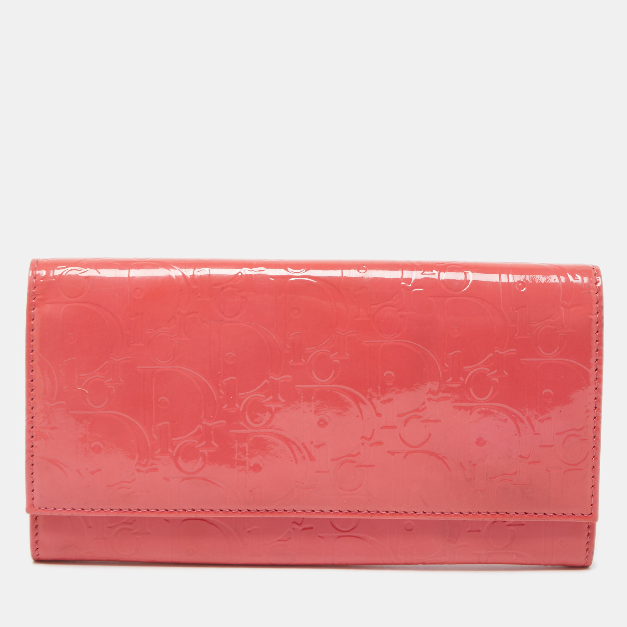 Pre-owned Dior Pink Oblique Embossed Patent Leather Continental Wallet