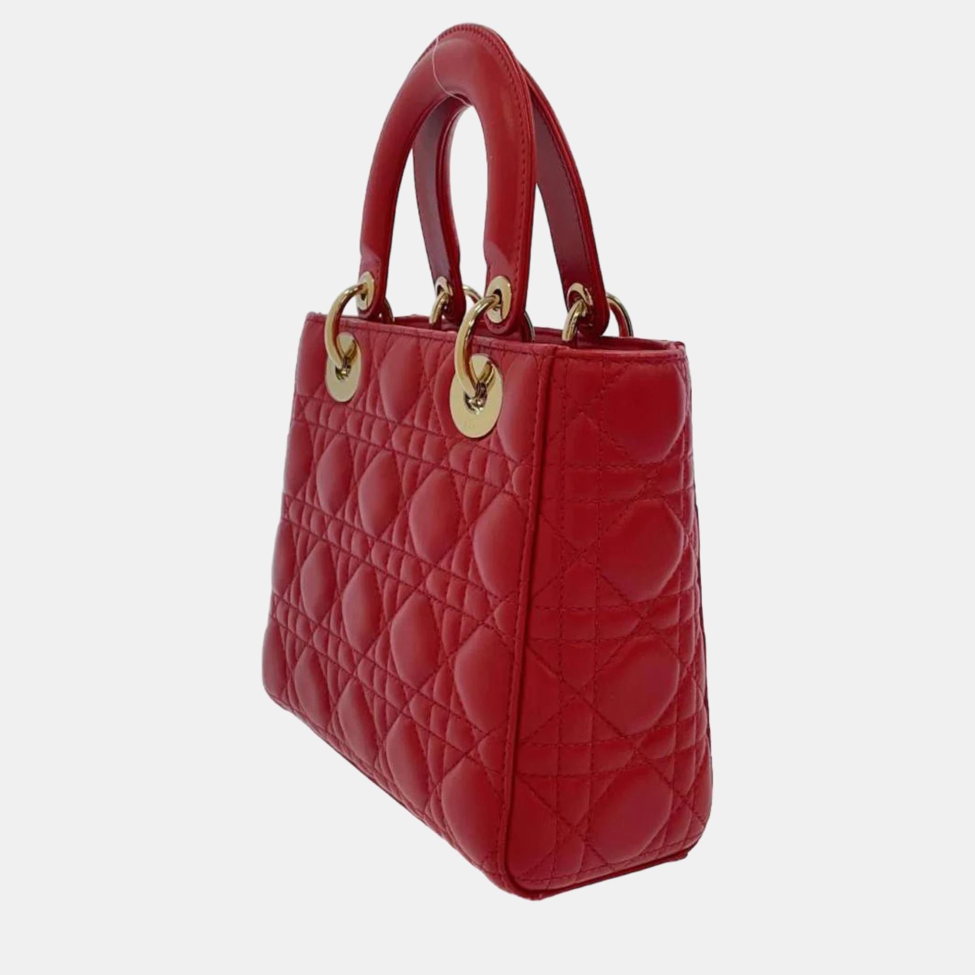 

Dior Red Leather Small Lady Dior Top Handle Bag