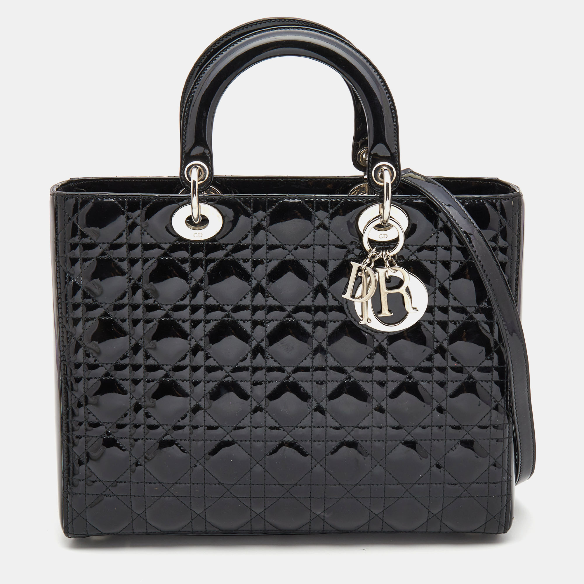 Pre Owned Dior Black Cannage Patent Leather Large Lady Dior Tote