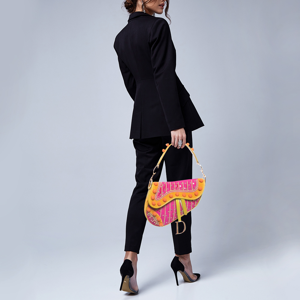 

Dior Multicolor Velvet and Patent Leather Limited Edition 0096 Pom Pom Embellished Saddle Bag