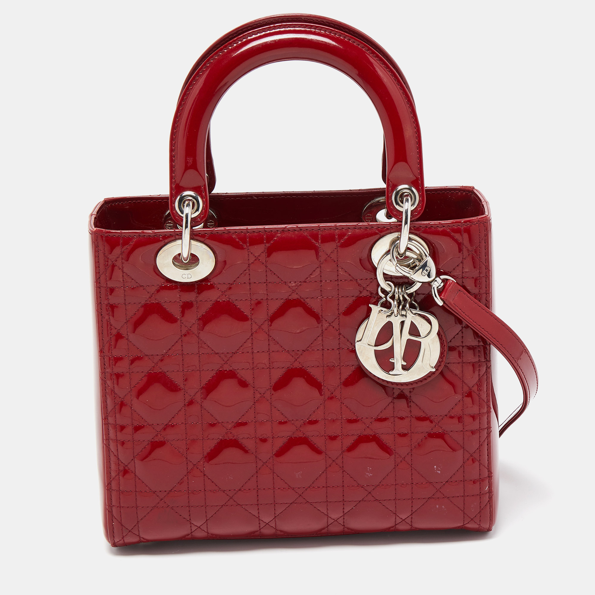 Pre Owned Dior Red Cannage Patent Leather Medium Lady Dior Tote