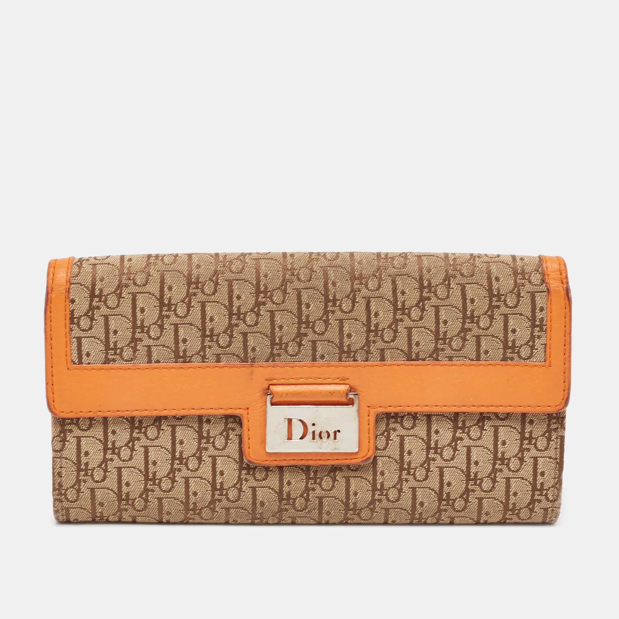 Pre-owned Dior Risimo Canvas And Leather Street Chic Continental Wallet In Orange