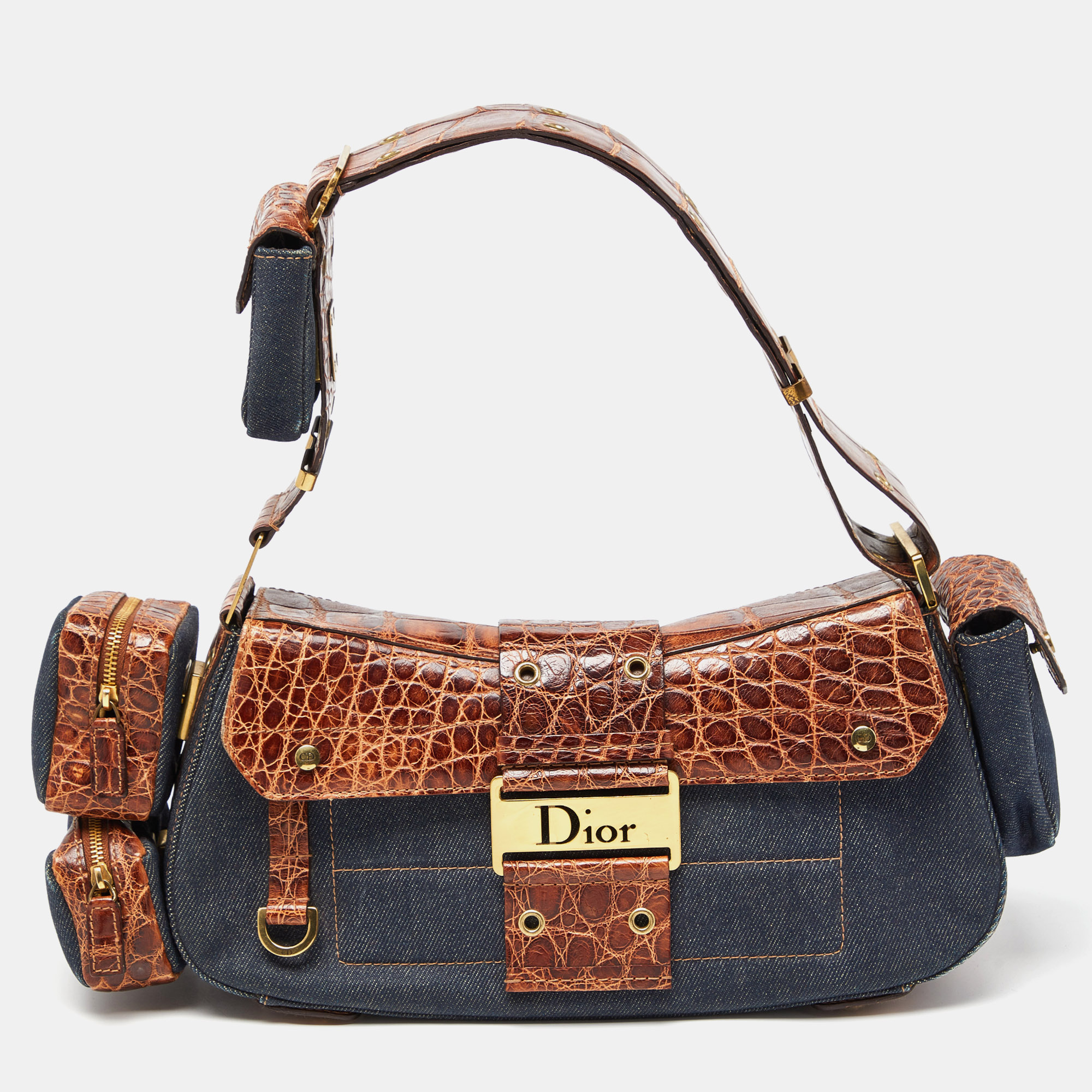 Pre Owned Dior Denim/Brown Denim and Croc Street Chic Columbus Avenue Multipocket Shoulder Bag