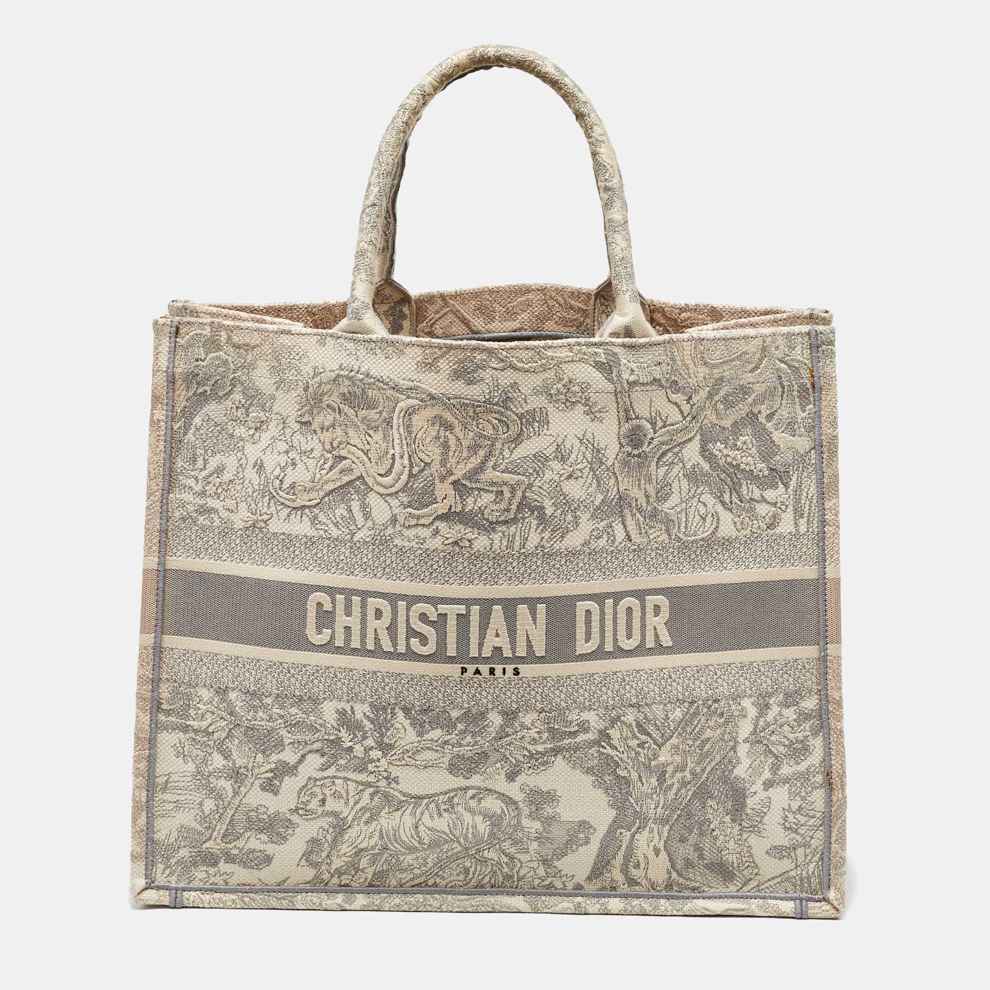 Pre-owned Dior Grey Embroidered Canvas Large Toile De Jouy Book Tote