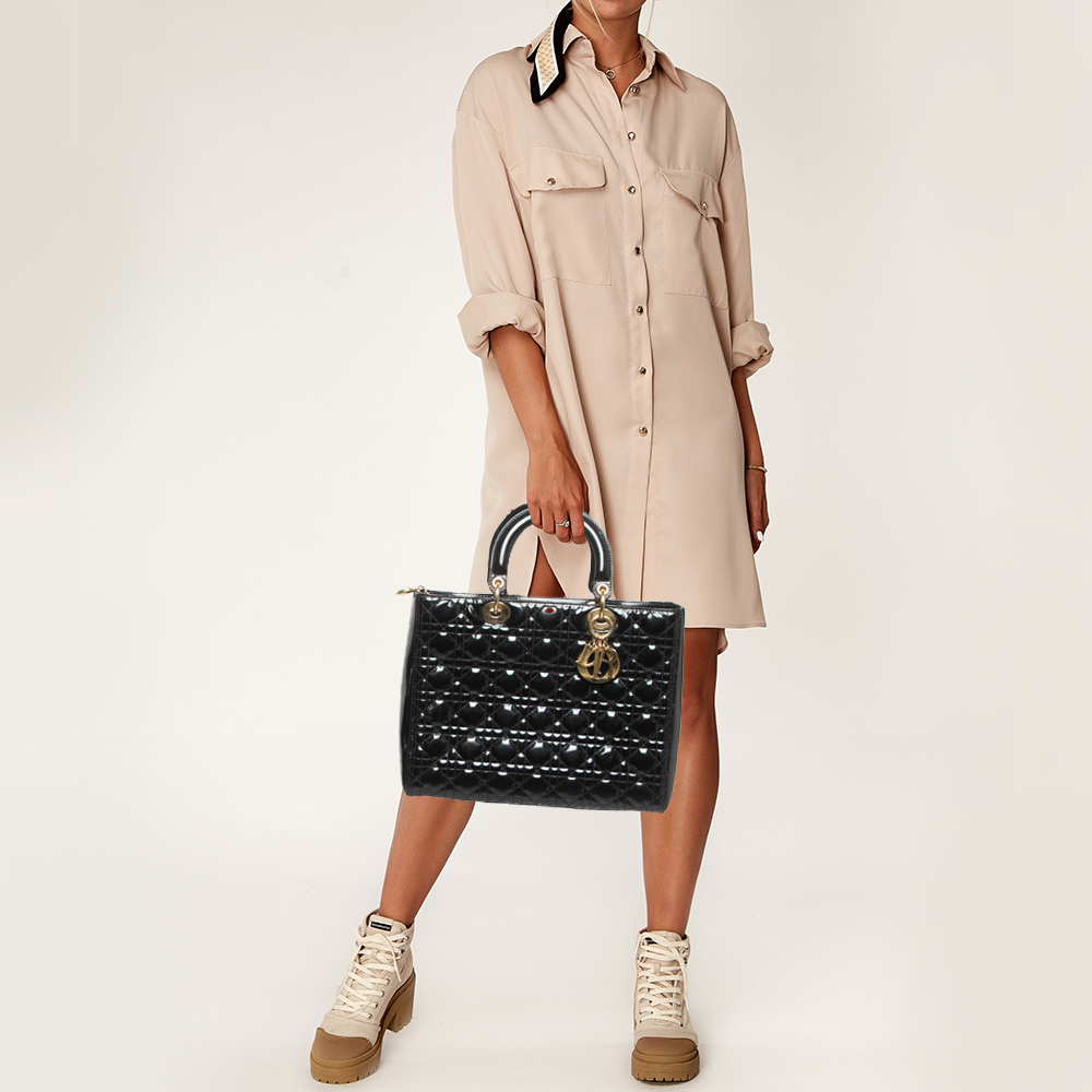 

Dior Black Cannage Patent Leather  Lady Dior Tote