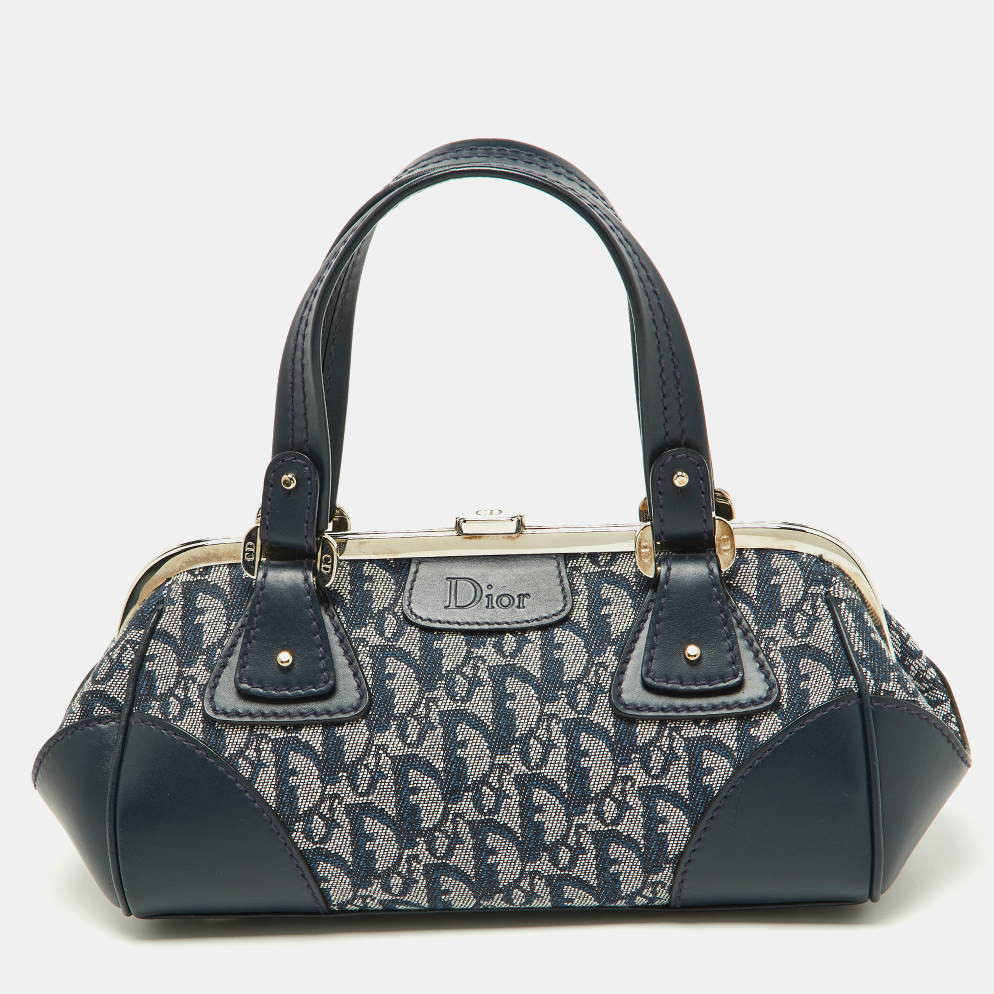 Pre Owned Dior Navy Blue Oblique Canvas and Leather Frame Satchel
