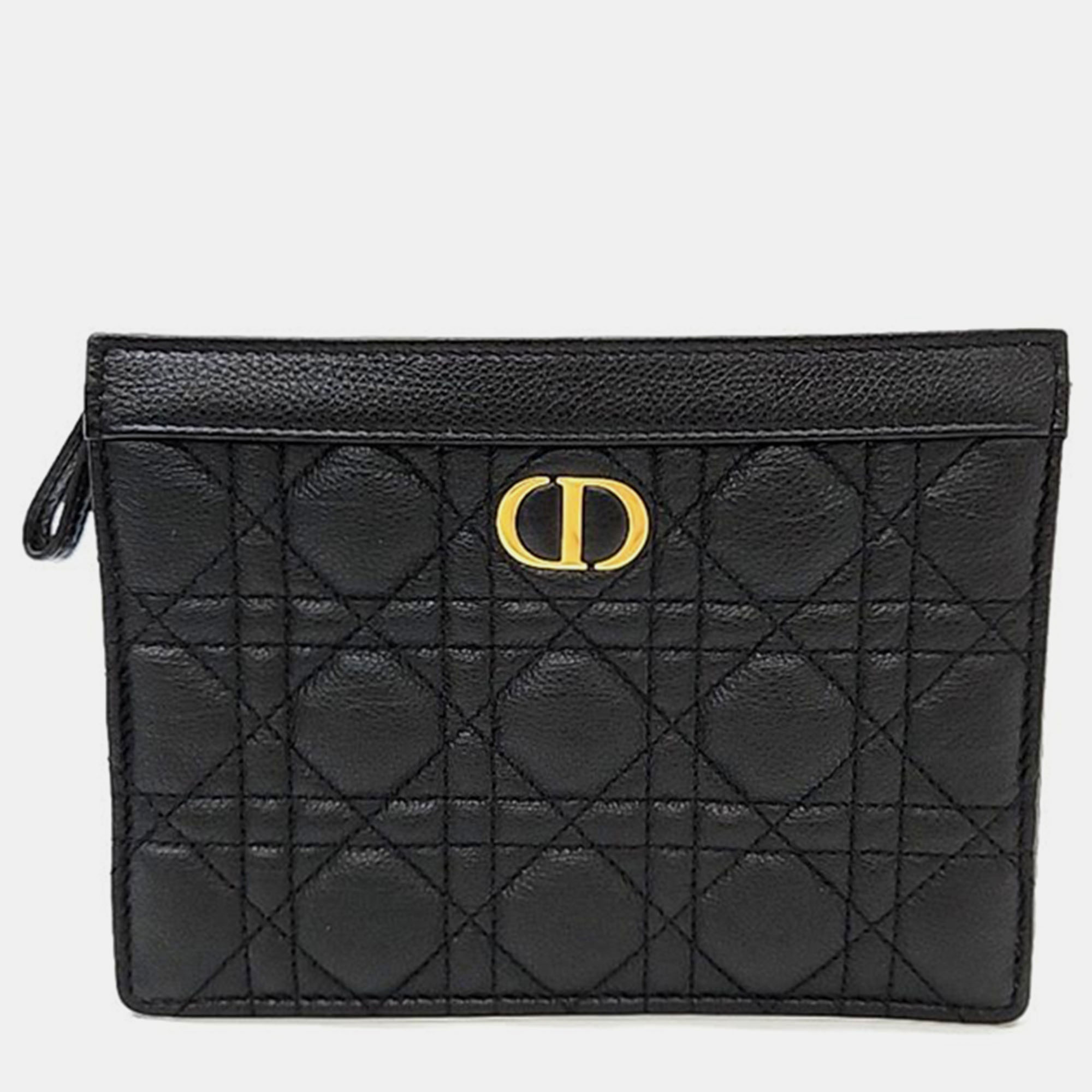 Pre-owned Dior Christian  Caro Chain Zipper Pouch And Cross Bag S5106 In Black