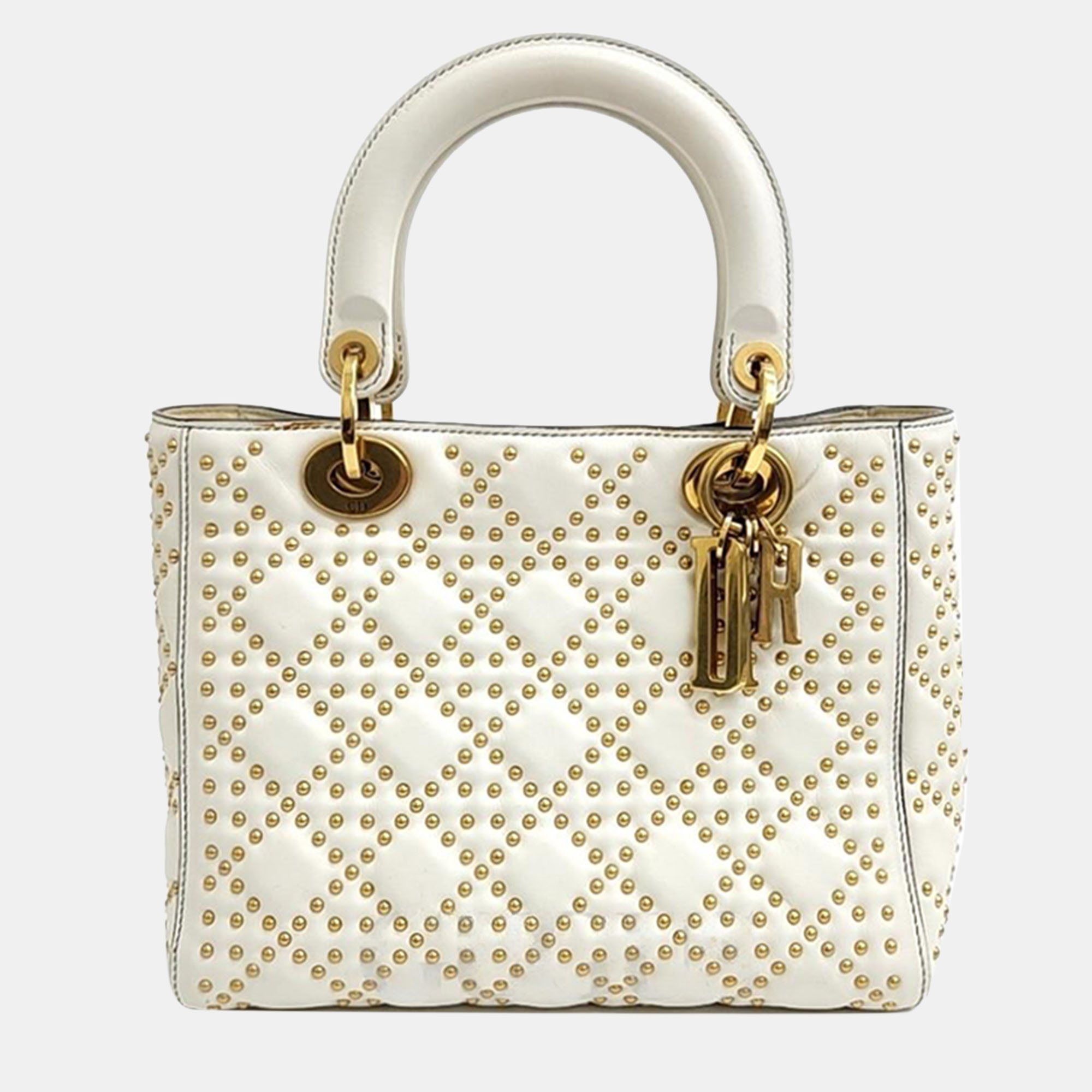 

Christian Dior Ivory Leather Studded Cannage Medium Lady Dioe Top Handle Bag, White