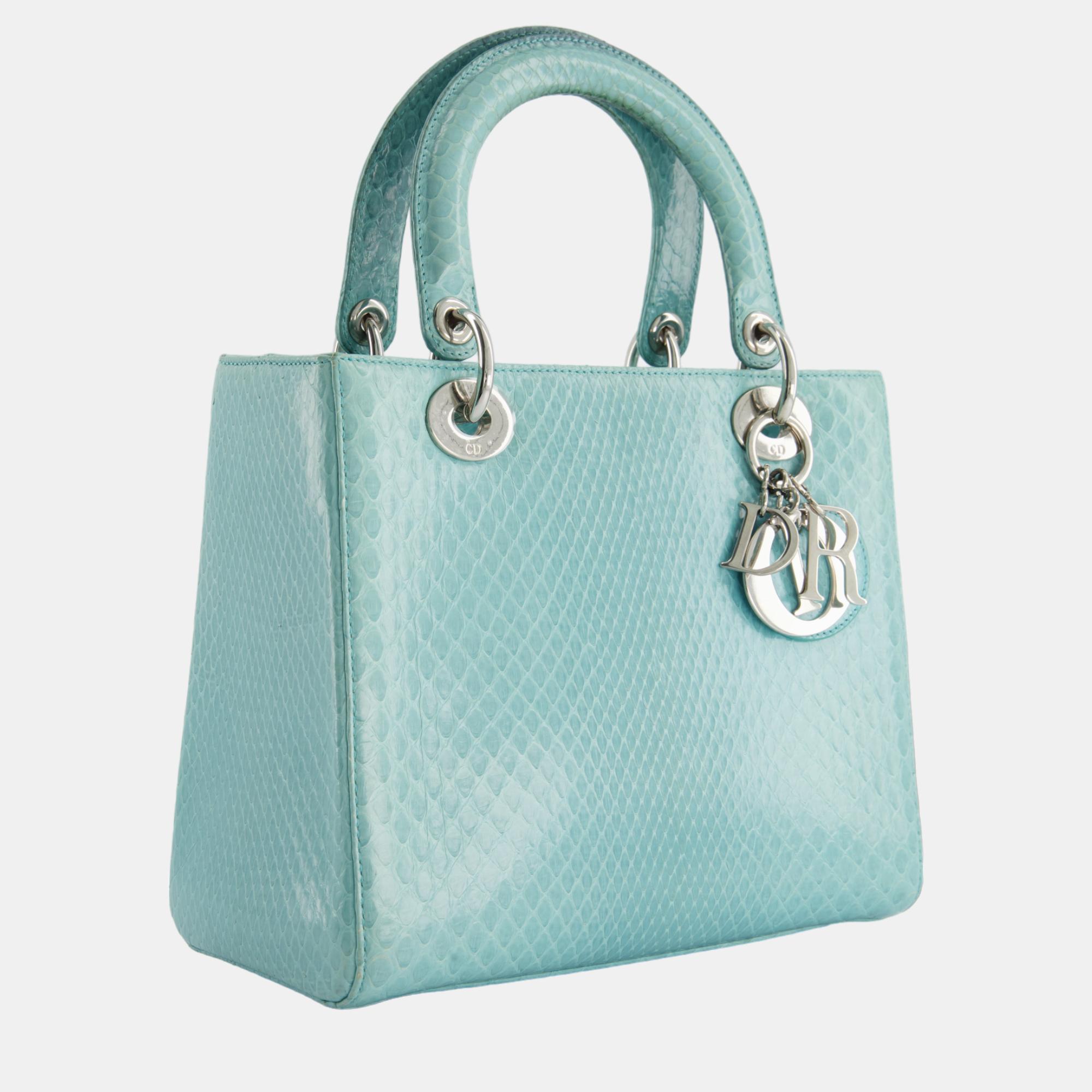

Christian Dior Medium Aqua Blue Python Lady Dior Bag with Silver Hardware