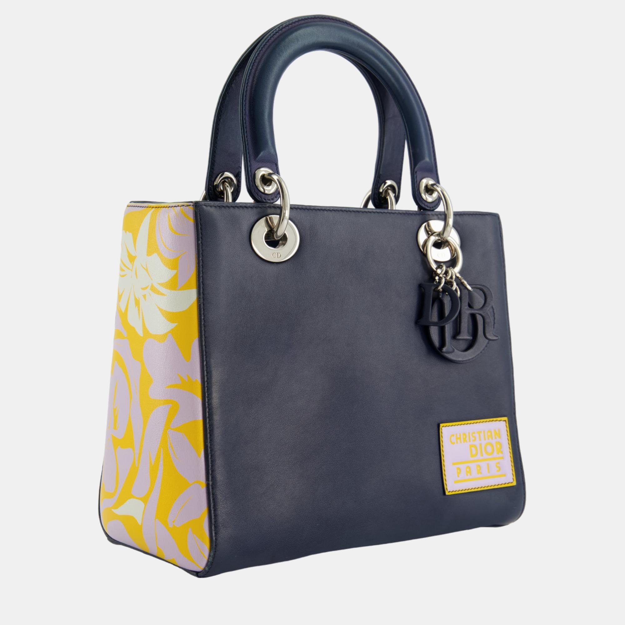 

Christian Dior Navy Blue Medium Lady Dior Bag Calfskin Leather with Purple and Yellow Abstract Print and Silver Hardware