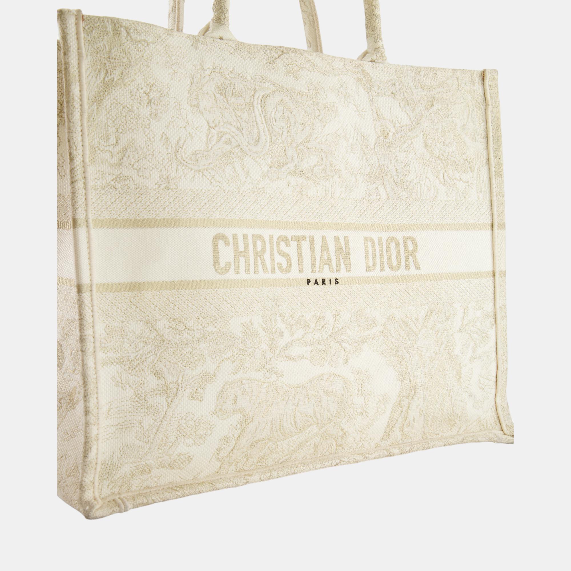 

Christian Dior Cream and Gold Embroidered Large Book Tote Bag