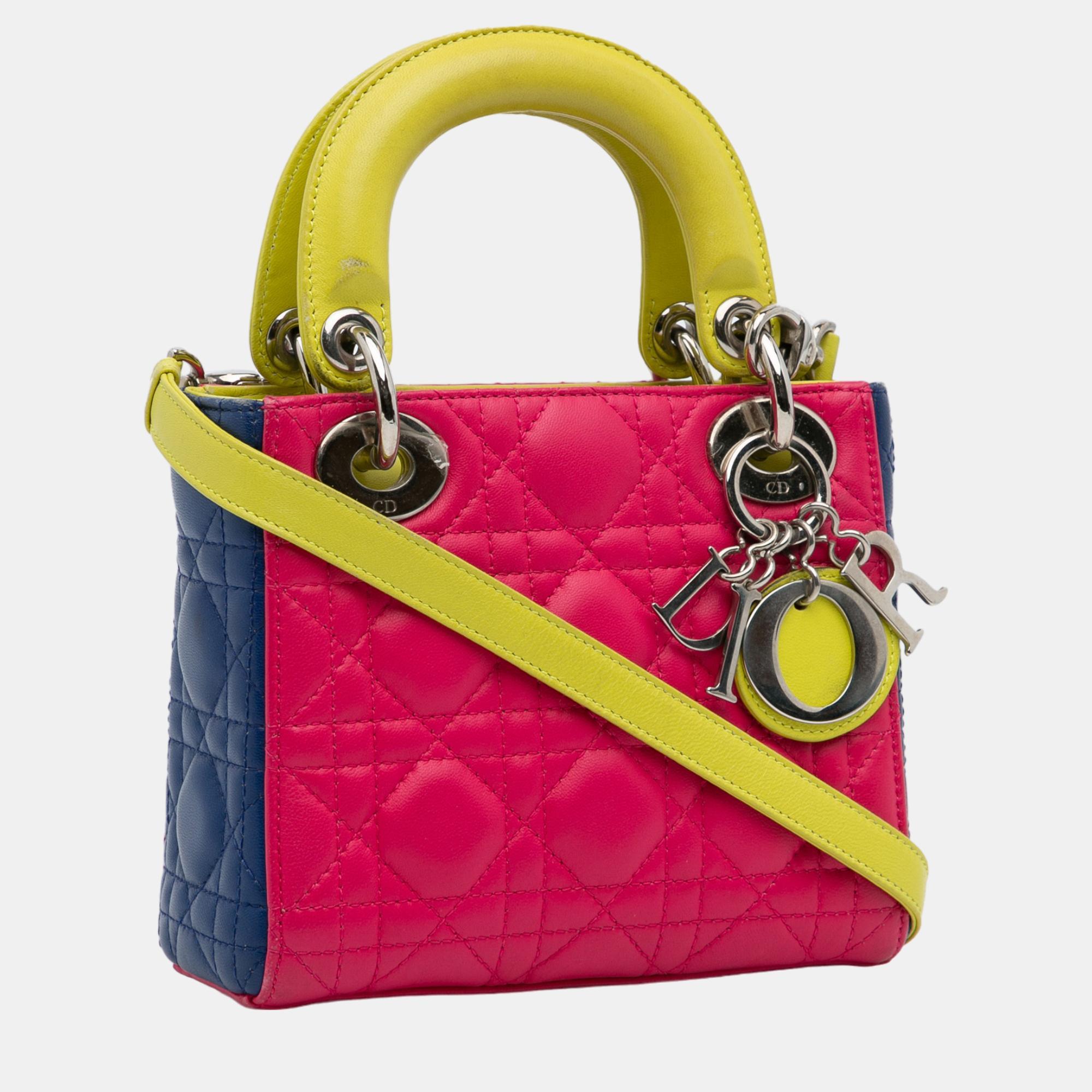 

Dior Pink/Yellow Mini Lambskin Cannage Lady Dior Tricolor