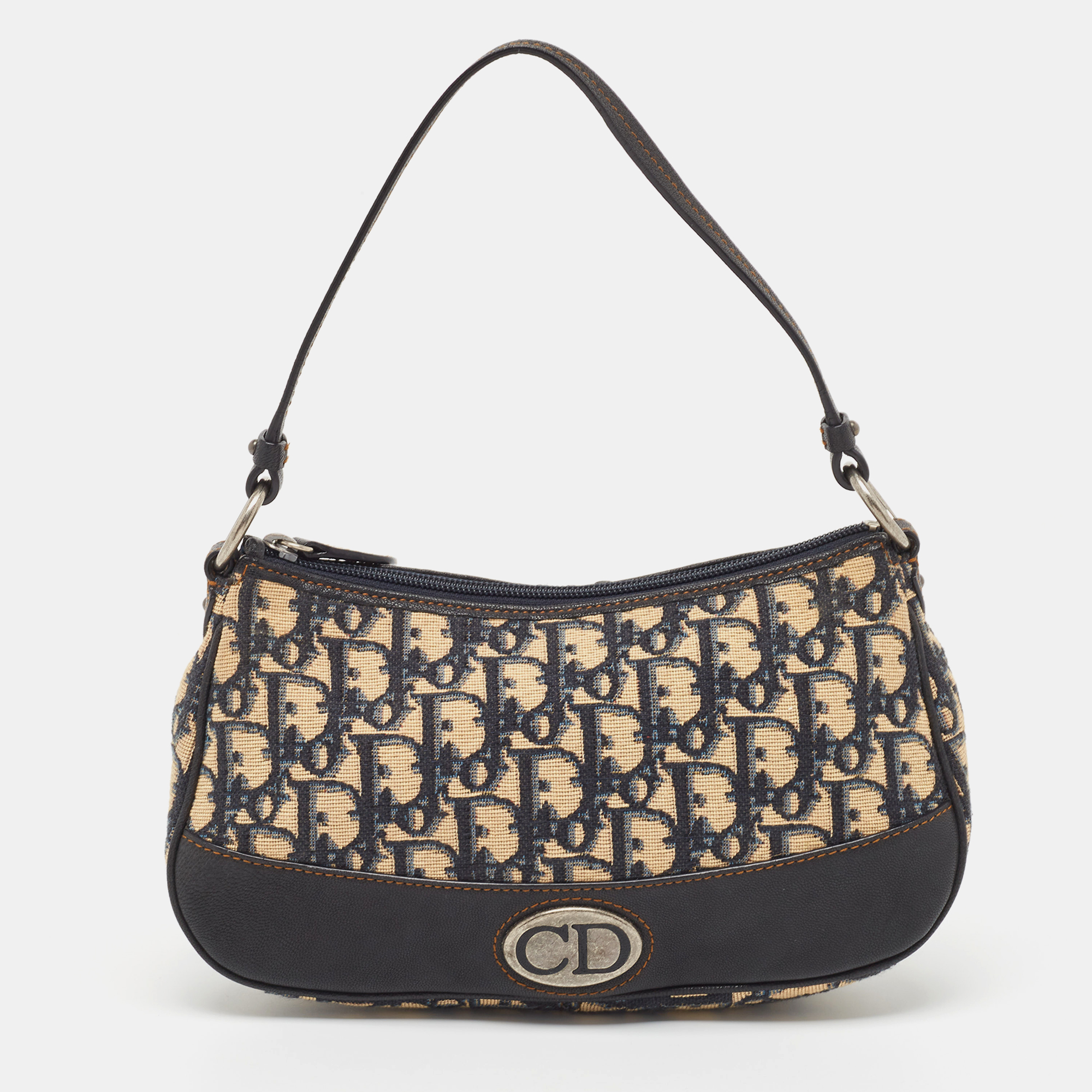 Pre Owned Dior Navy Blue Oblique Canvas and Leather Baguette Bag