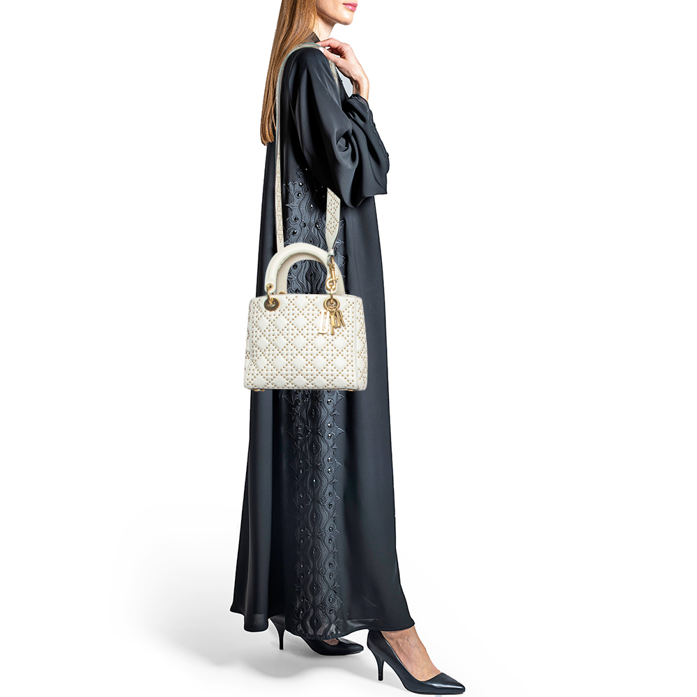 

Dior White/Gold Leather  Studded Supple Lady Dior Tote