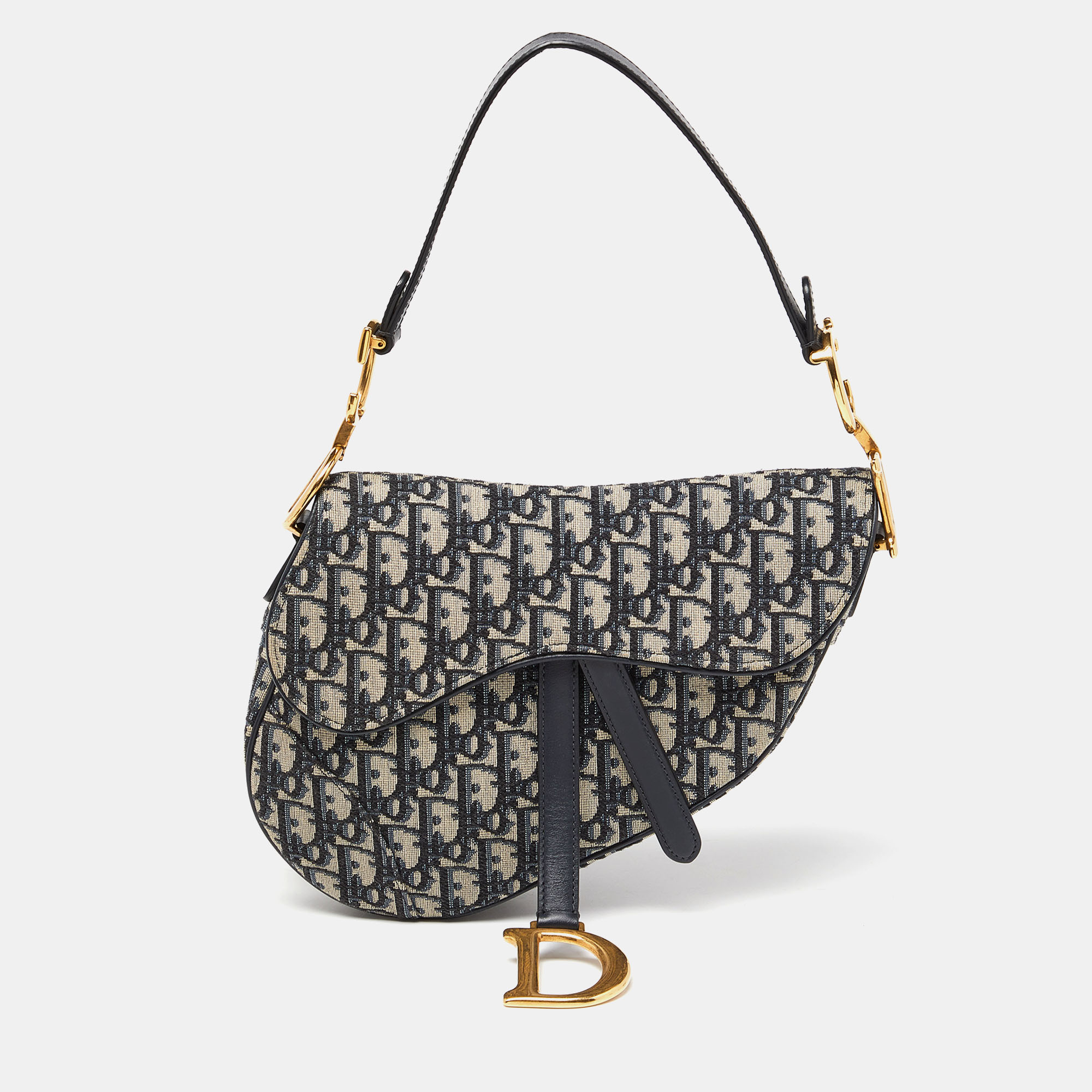 Pre Owned Dior Navy Blue Oblique Canvas and Leather Saddle Bag