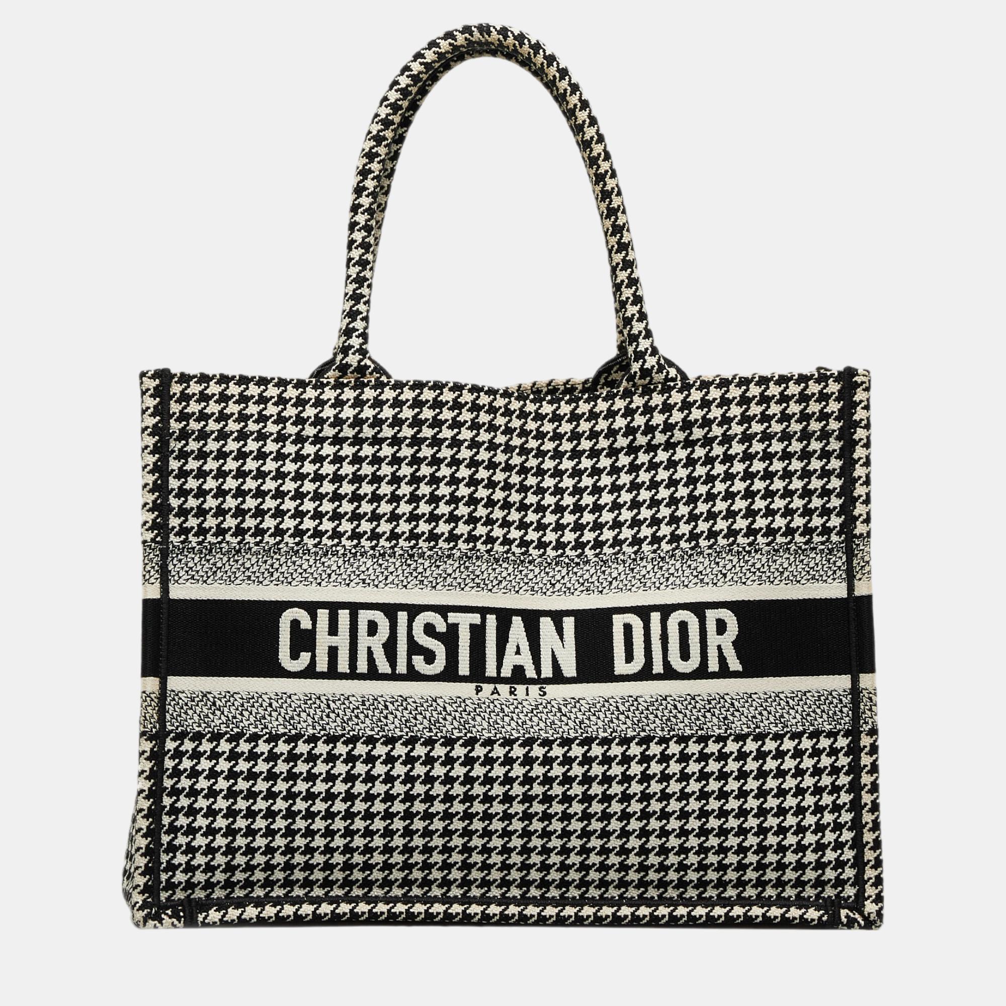 

Dior Black Medium Houndstooth Embroidered Book Tote