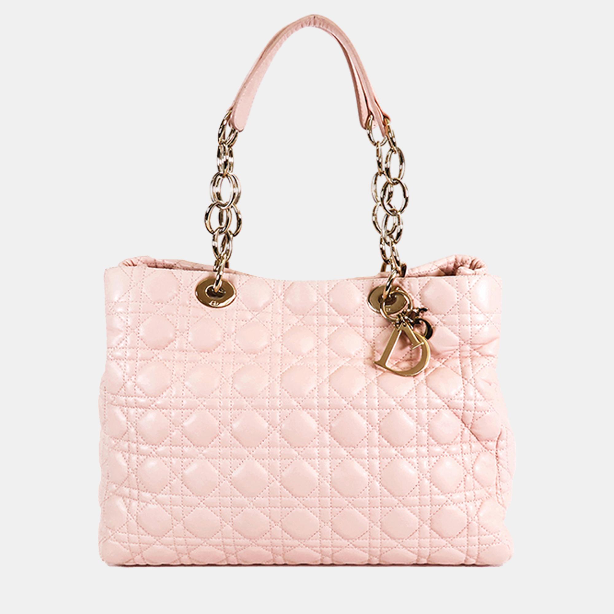 

Dior Pink Medium Lambskin Cannage Lady Dior Soft Shopping Tote