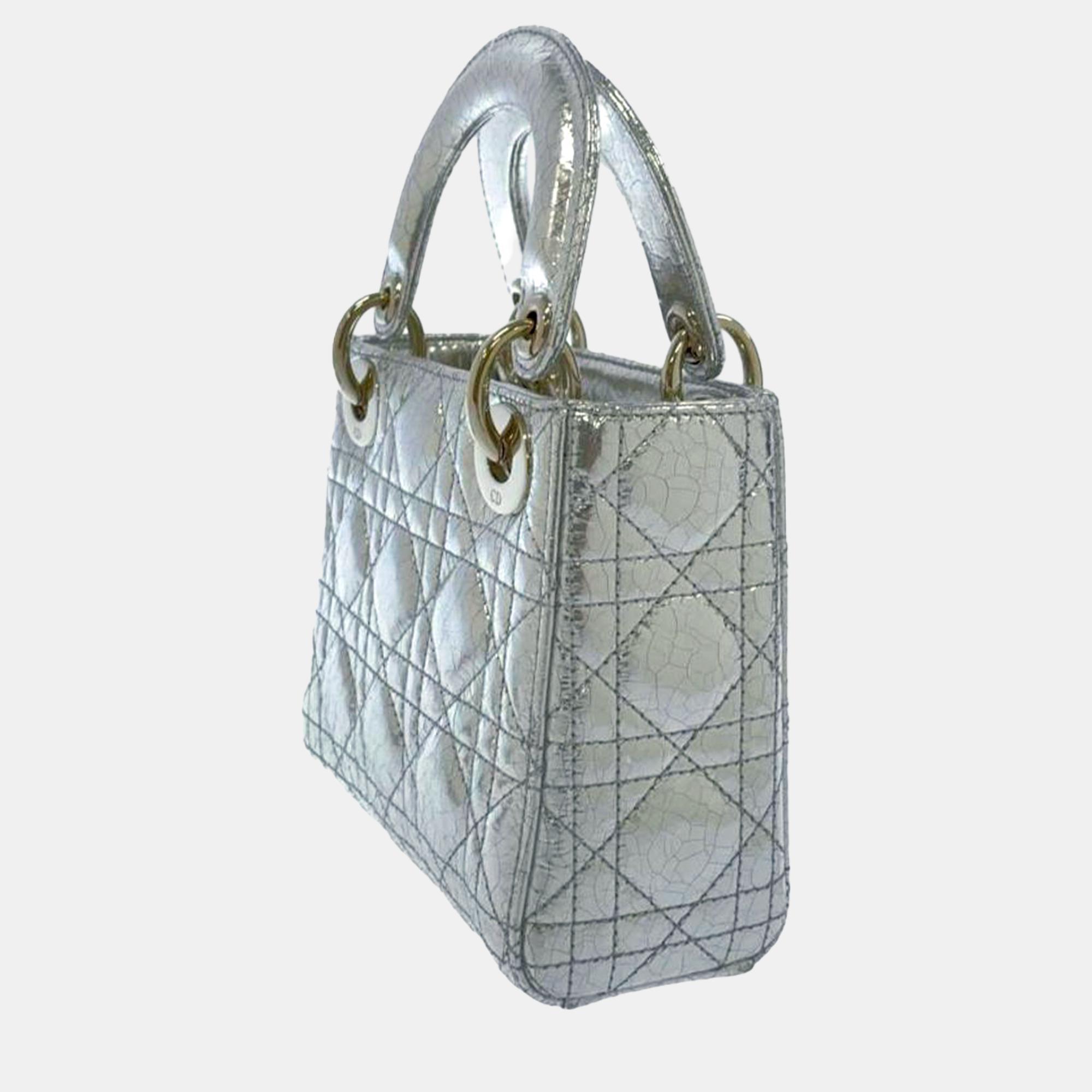 

Dior Silver Mini Crackled Patent Deerskin Cannage Lady Dior