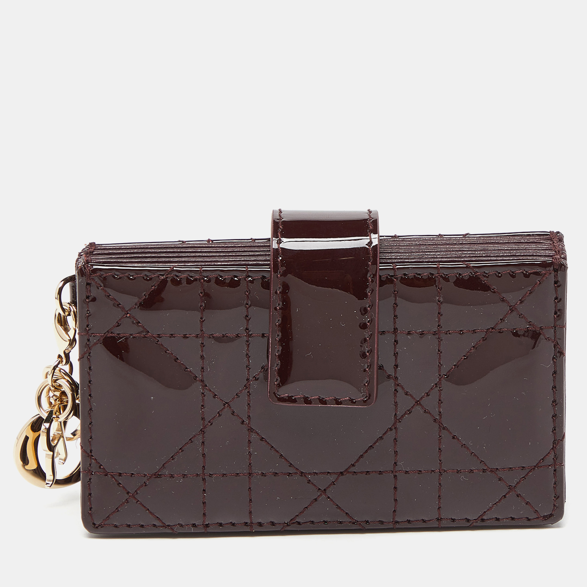 Pre Owned Dior Burgundy Cannage Patent Leather Lady Dior 5 Gusset Card Holder