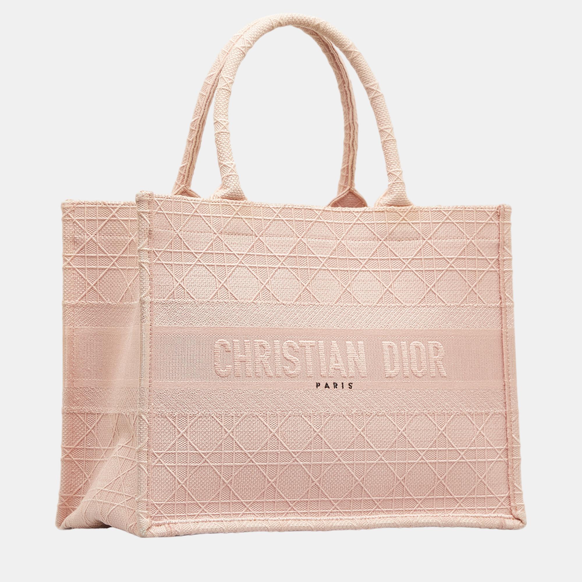 

Dior Pink Medium Cannage Embroidered Book Tote