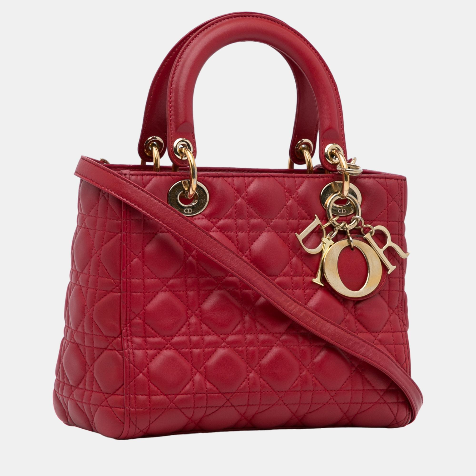 

Dior Red Medium Lambskin Cannage Lady Dior