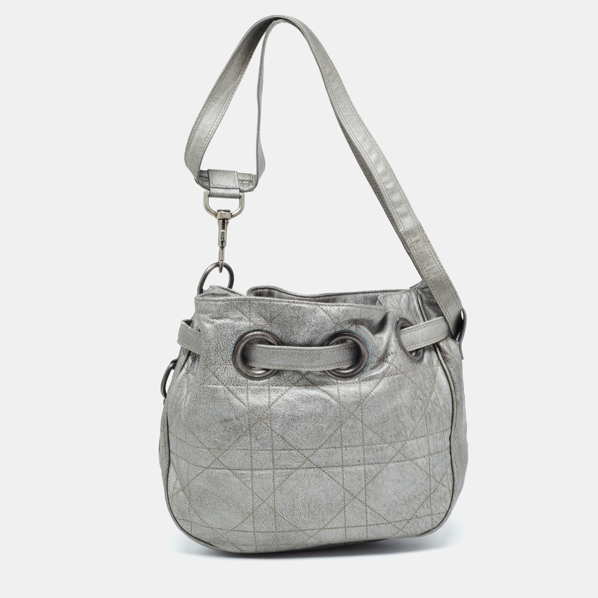 Pre-owned Dior Grey Cannage Leather Drawstring Bag
