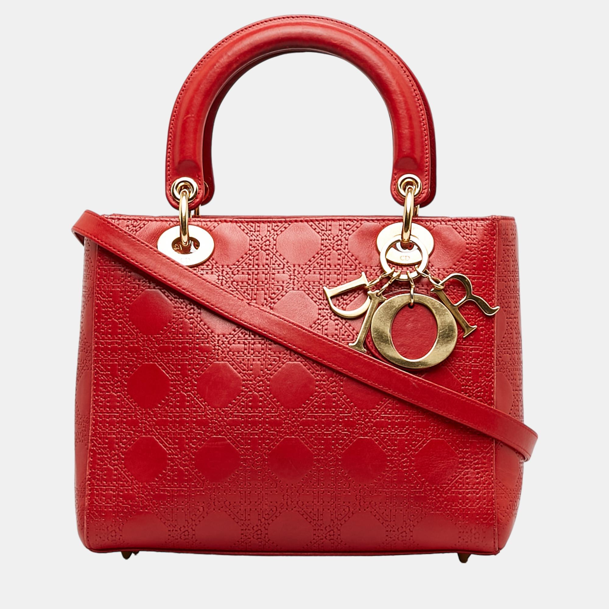 

Dior Red Medium Embossed Lambskin Cannage Lady Dior