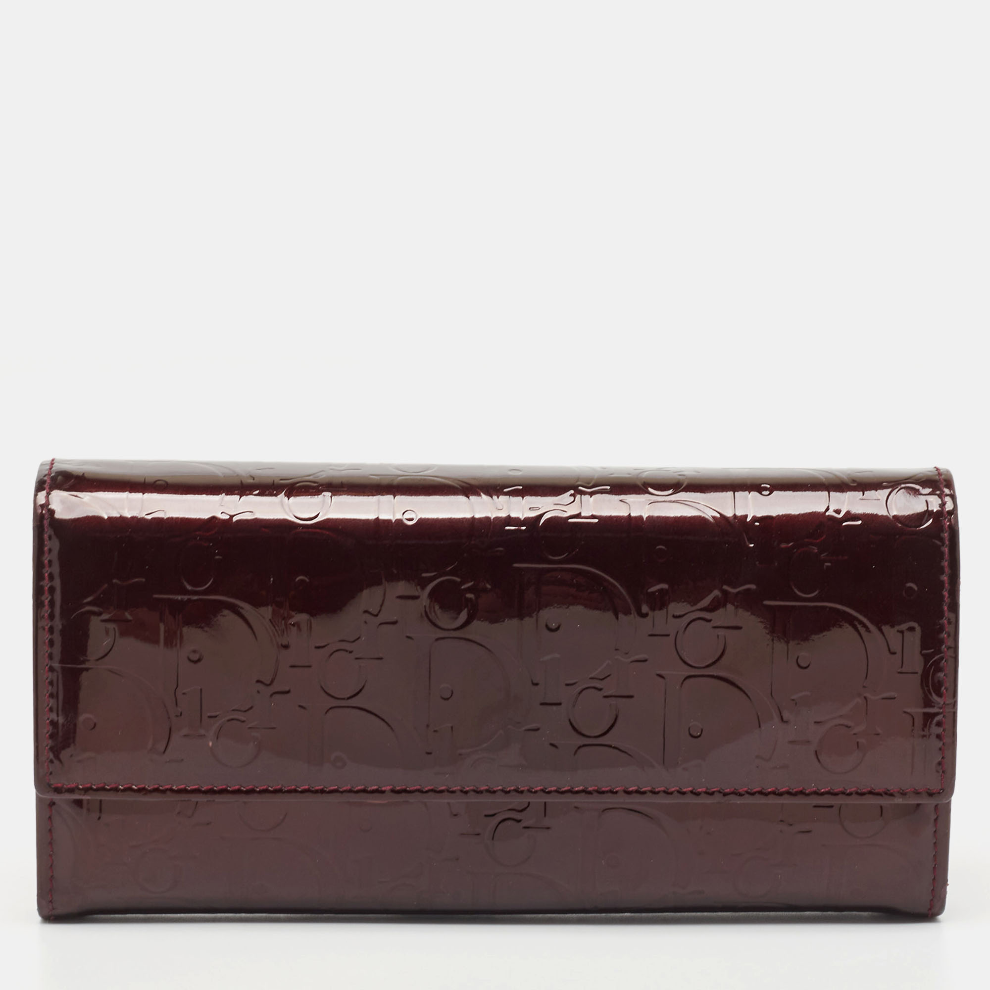 Pre-owned Dior Burgundy Oblique Embossed Patent Leather Continental Wallet